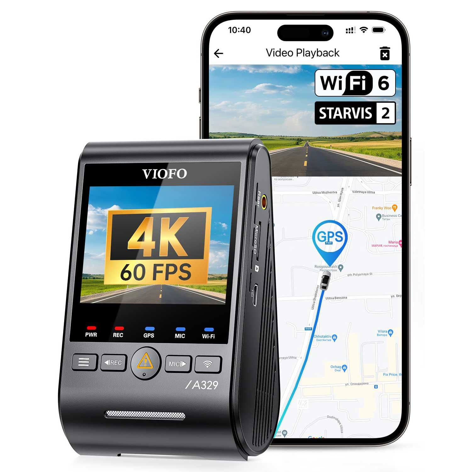 Een VIOFO dashcam toont 4K 60FPS; ernaast een telefoon met kaart en videoweergave.