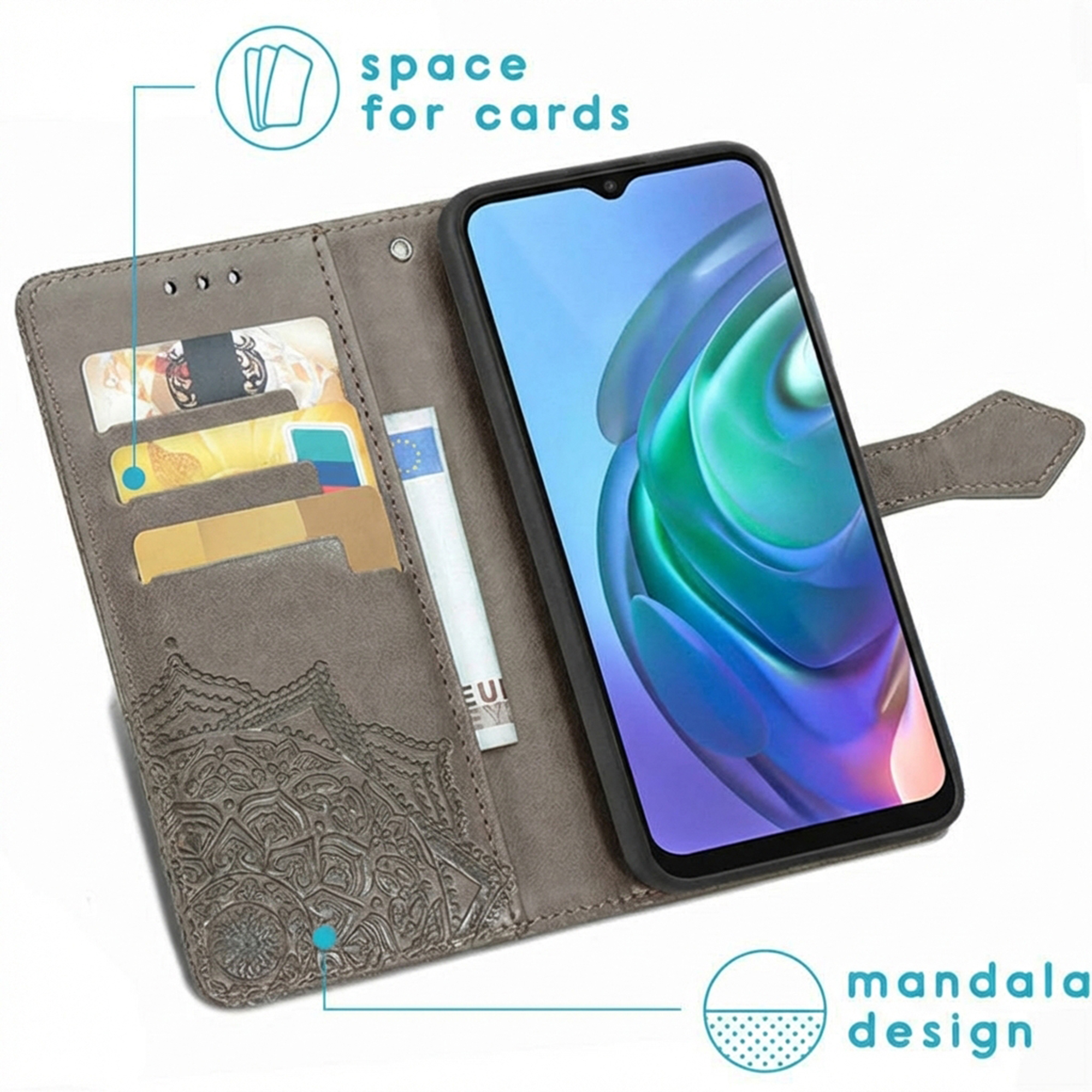 Custodia a portafoglio per telefono grigia con slot per carte e design mandala.