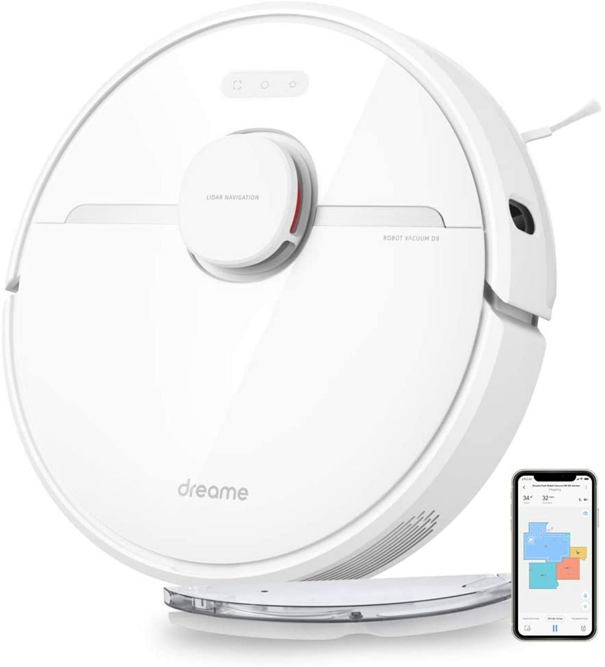 Un robot aspirapolvere bianco con navigazione lidar e un'app per smartphone.