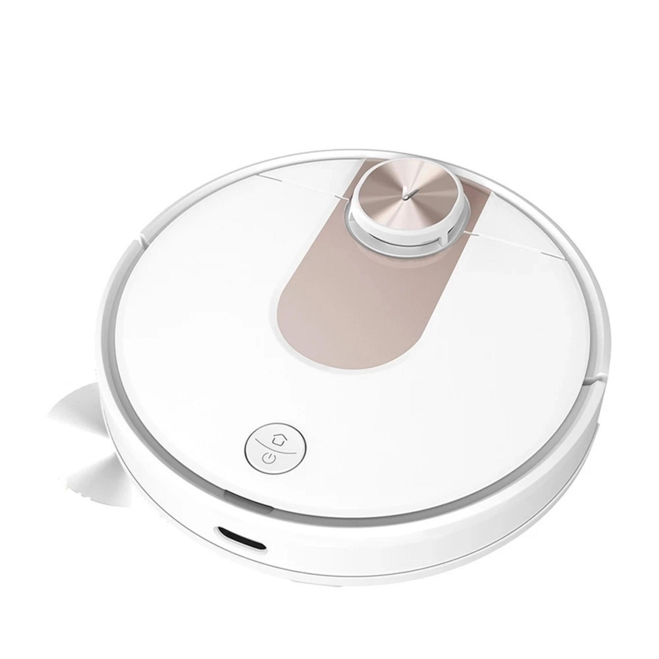 Un robot aspirador blanco con acento marrón y botón plateado.