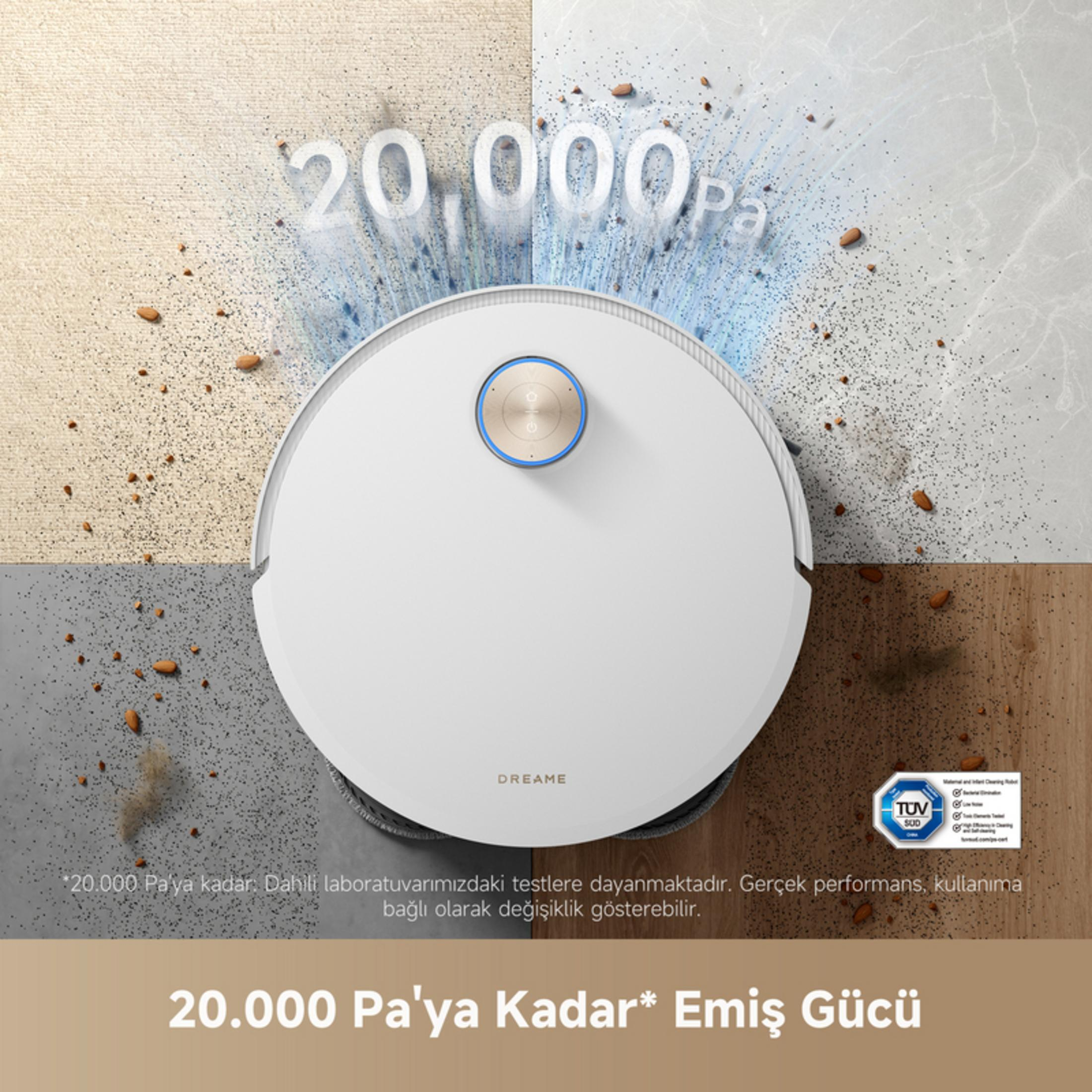 Beyaz robot süpürge, çok renkli zemindeki toz ve kırıntıları temizliyor.
