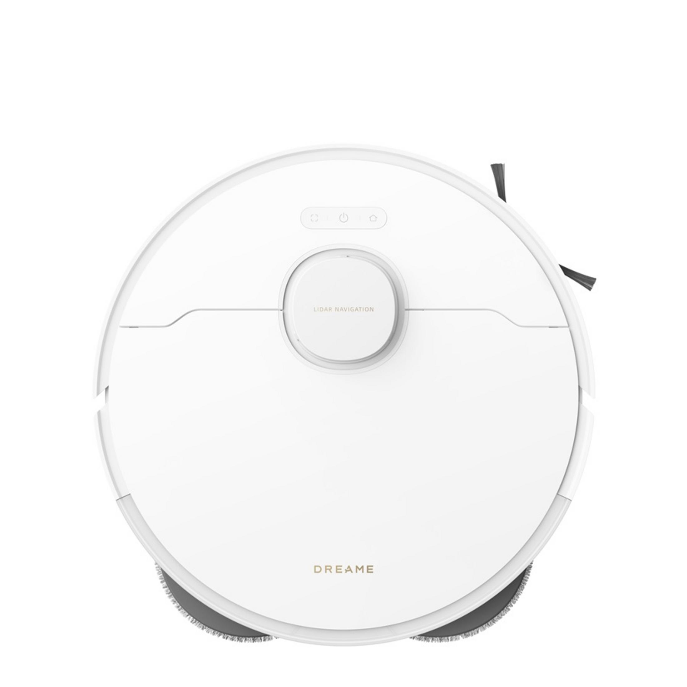 LiDAR navigasyonlu ve fırçalı beyaz robot süpürge.