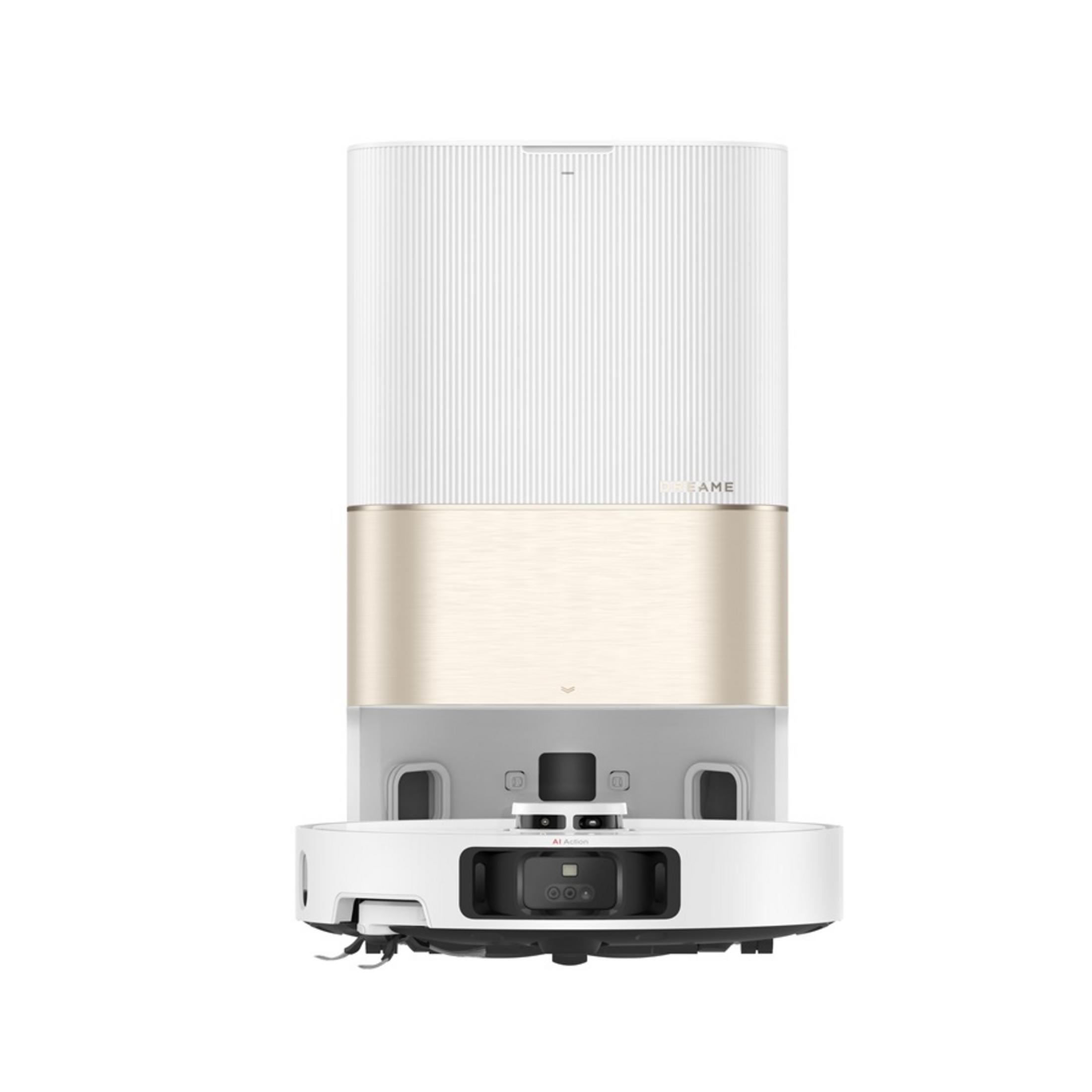 Biały robot sprzątający ze złotą ramką i stacją dokującą.