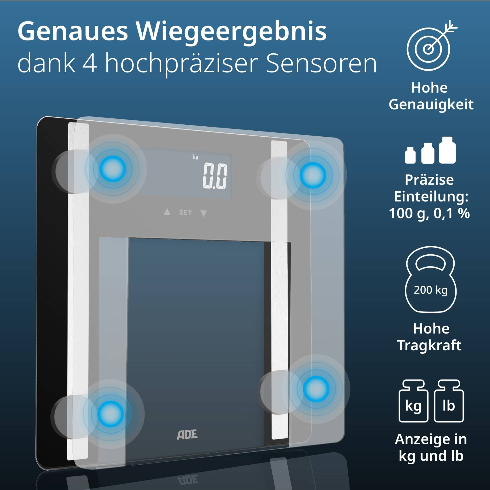 Digitale Waage mit 4 Sensoren, zeigt 0.0 kg an.