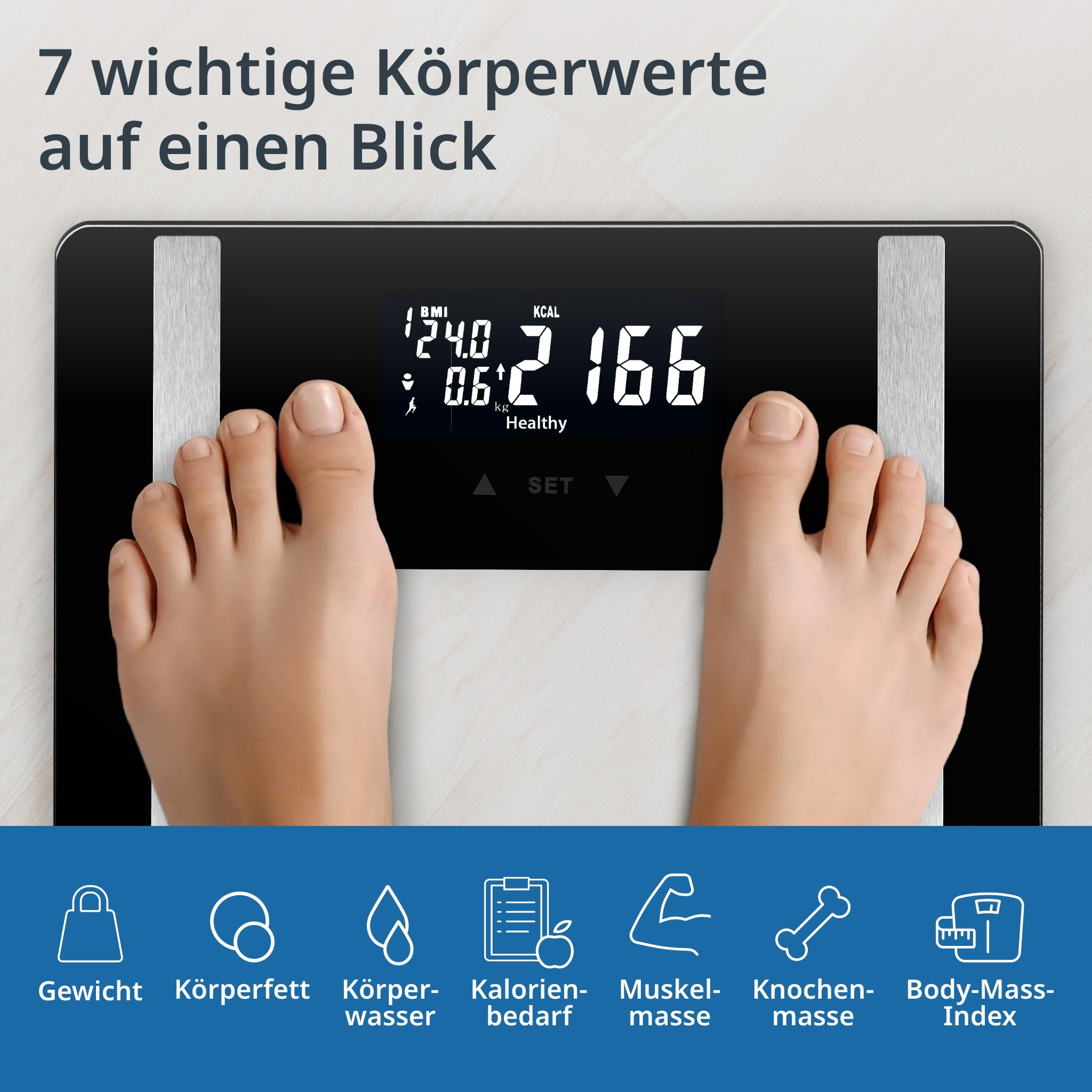 Eine Personenwaage zeigt BMI 24.0, 0.6kg und 2166 KCAL an.