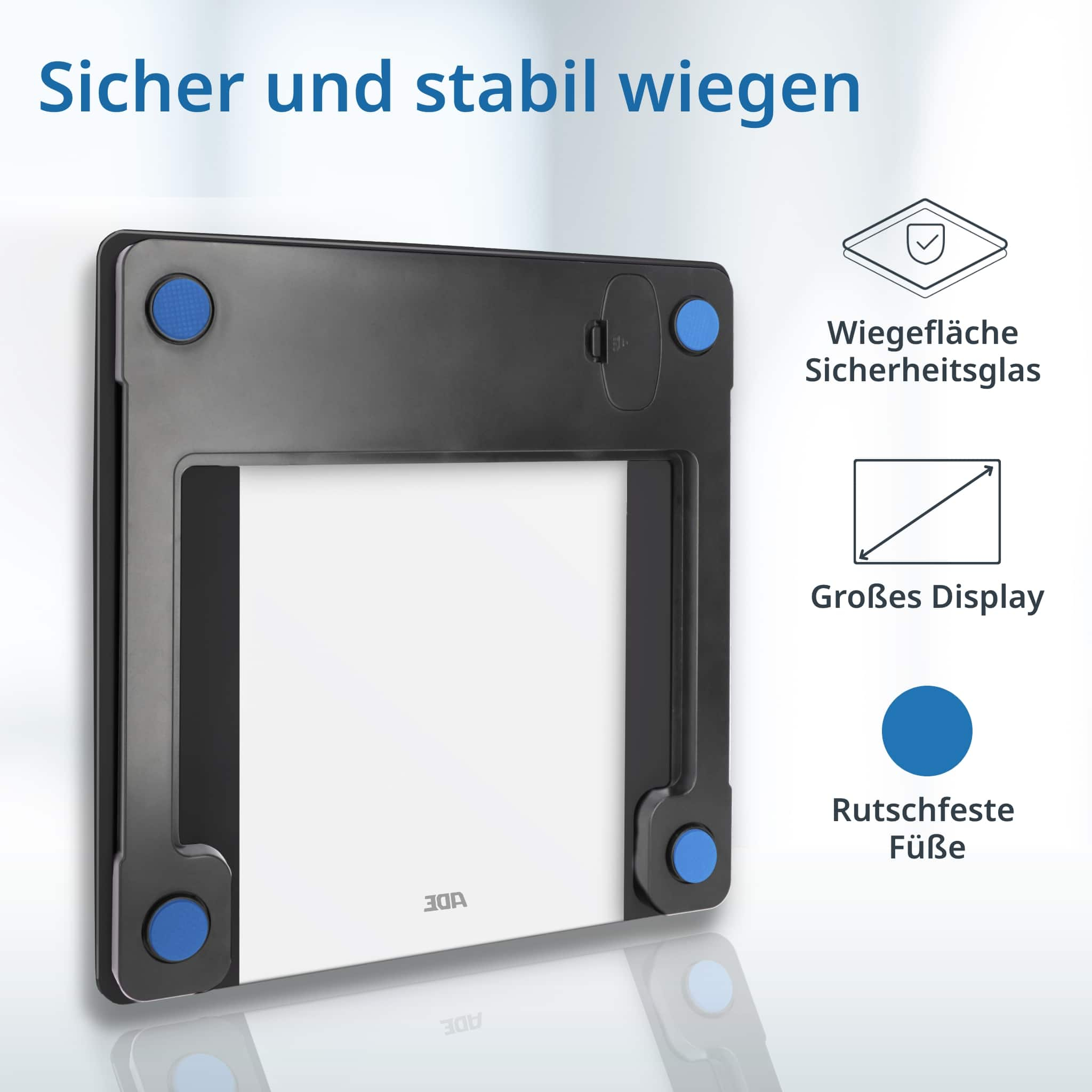 Eine schwarze Personenwaage mit blauem Akzent und großem Display.