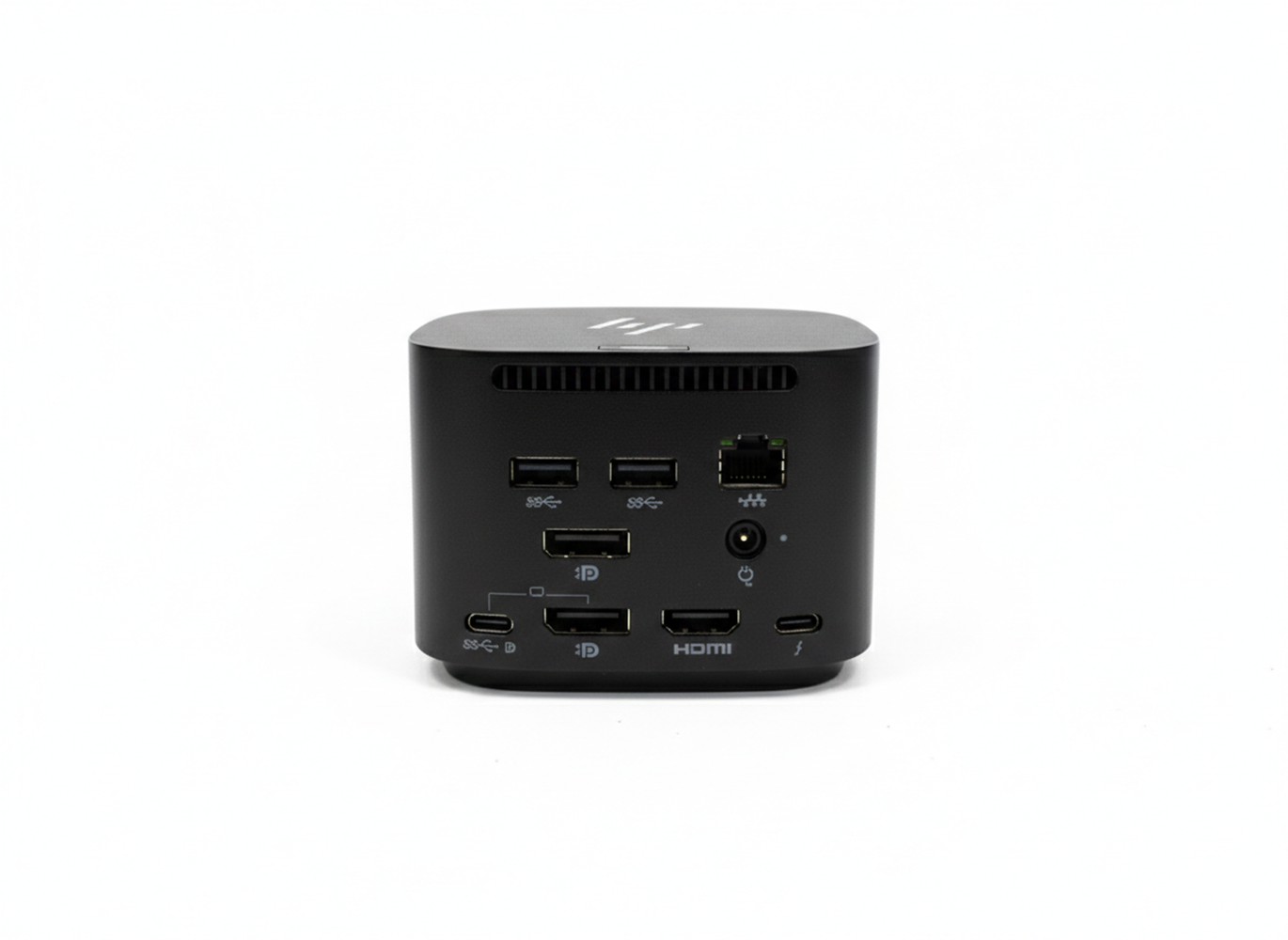 Schwarzes HP Dock mit vielen Anschlüssen: USB, HDMI, Ethernet, Strom.