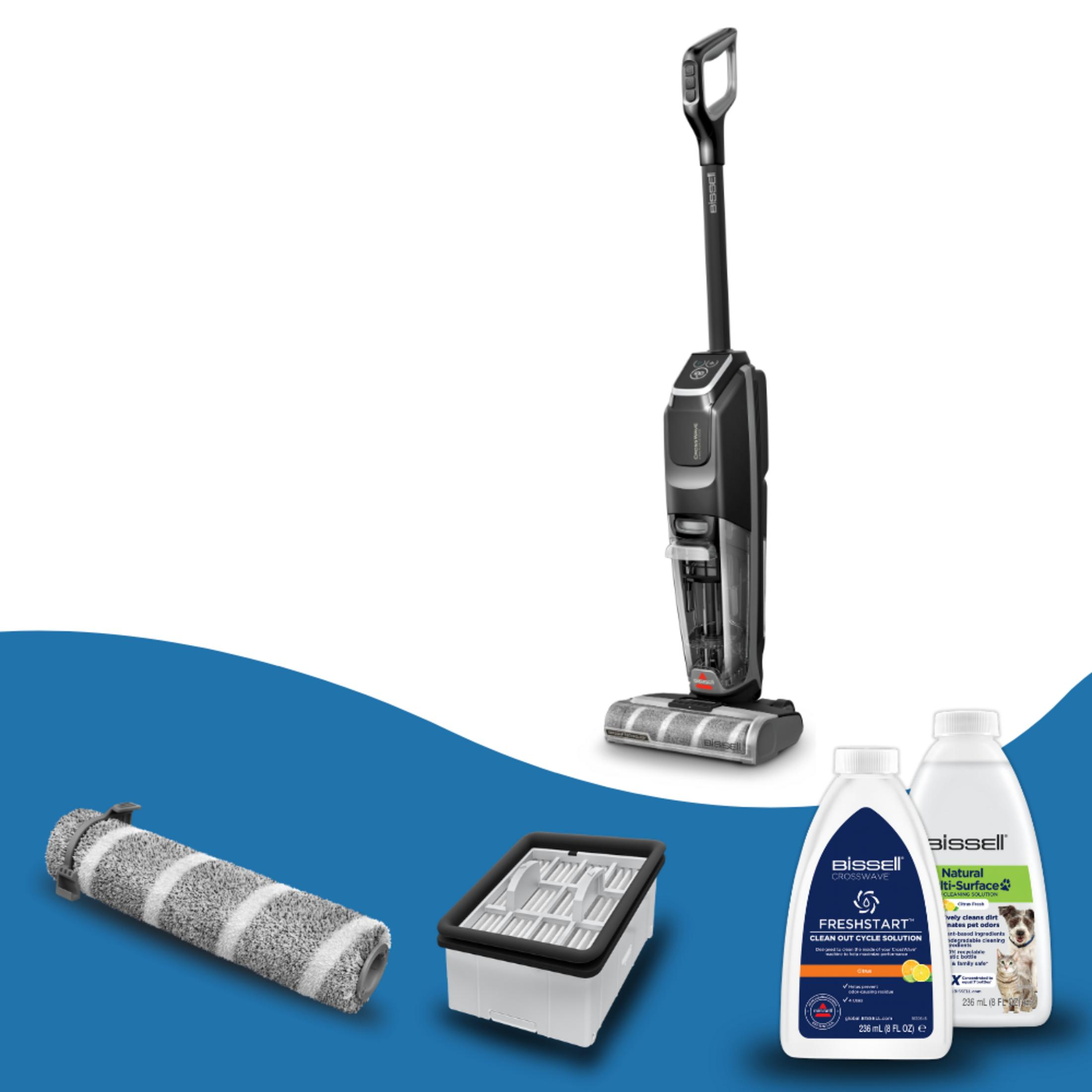 Odkurzacz, wałek szczotki, filtr i roztwory czyszczące.