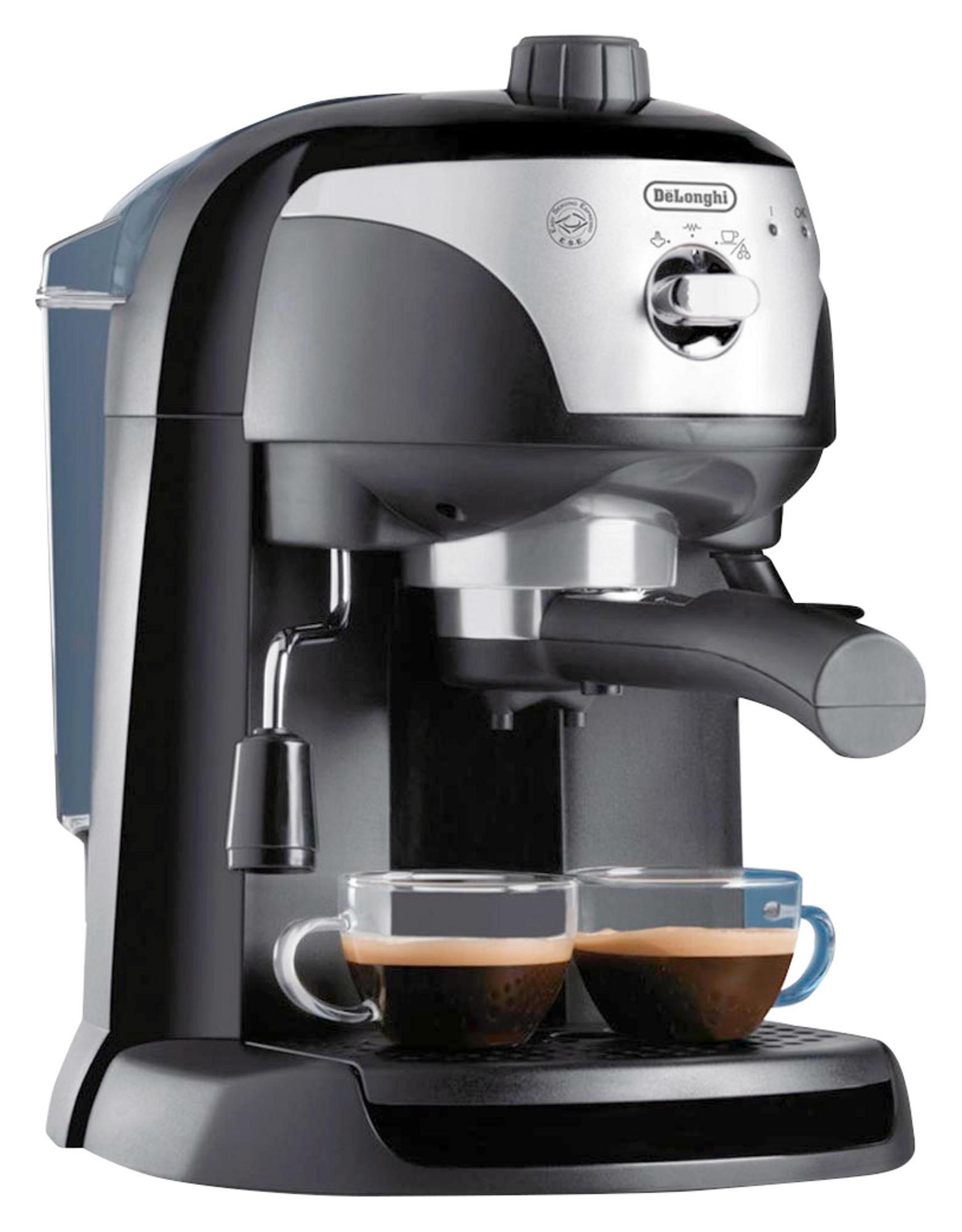 Czarna ekspres do kawy DeLonghi z dwoma filiżankami espresso.