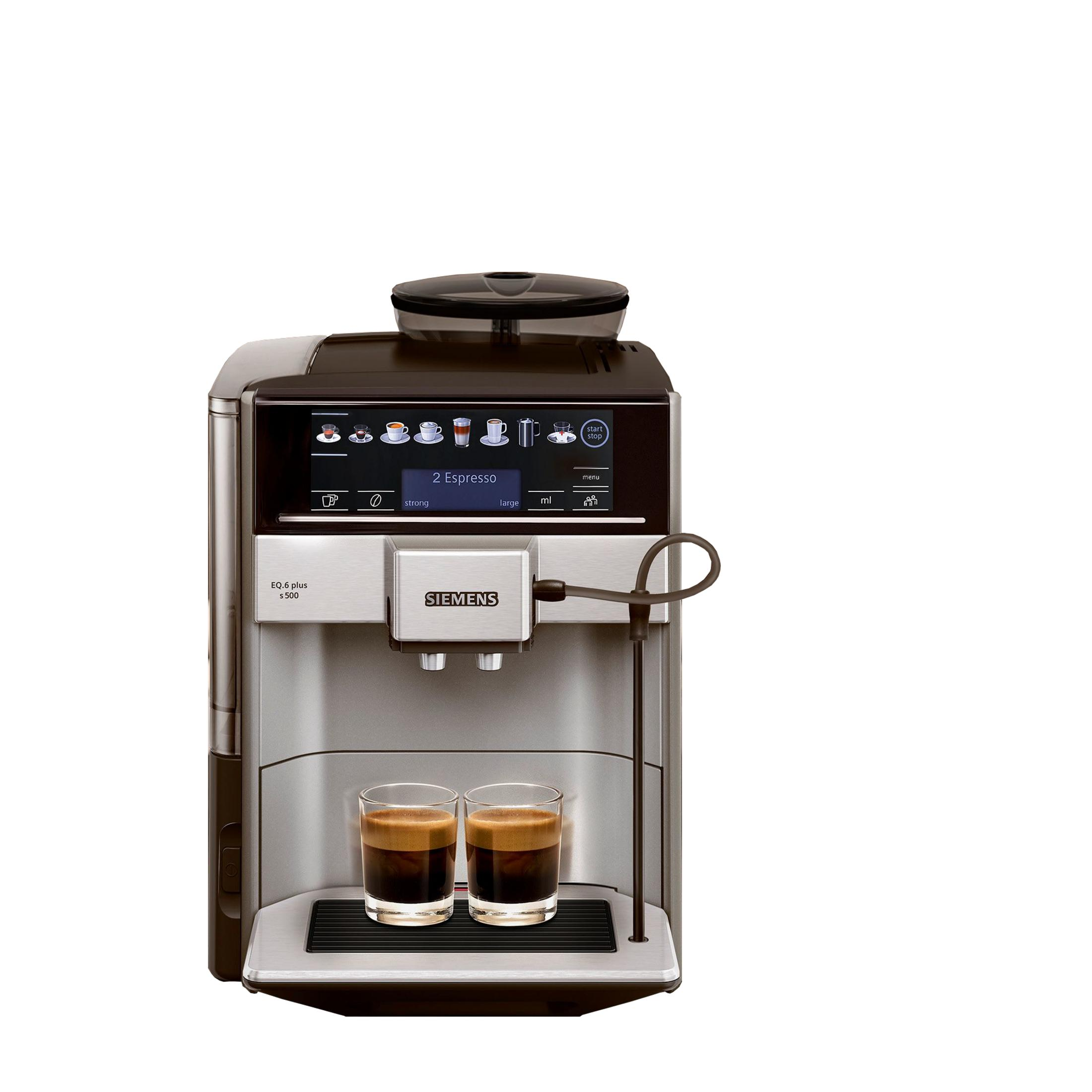 Ekspres do kawy Siemens EQ.6 plus z dwoma szklankami espresso.