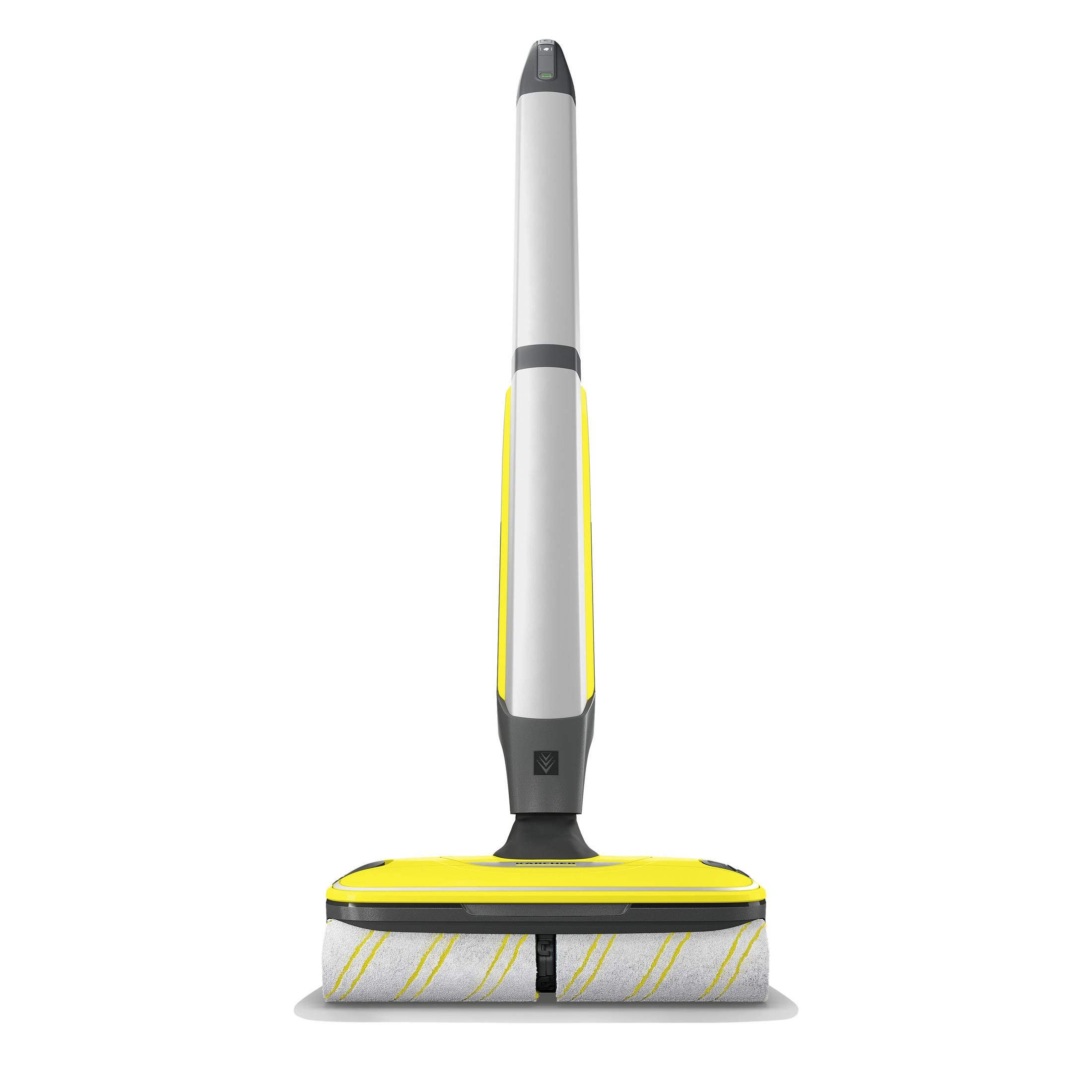 Żółty i biały czyścik do podłóg z długim uchwytem.