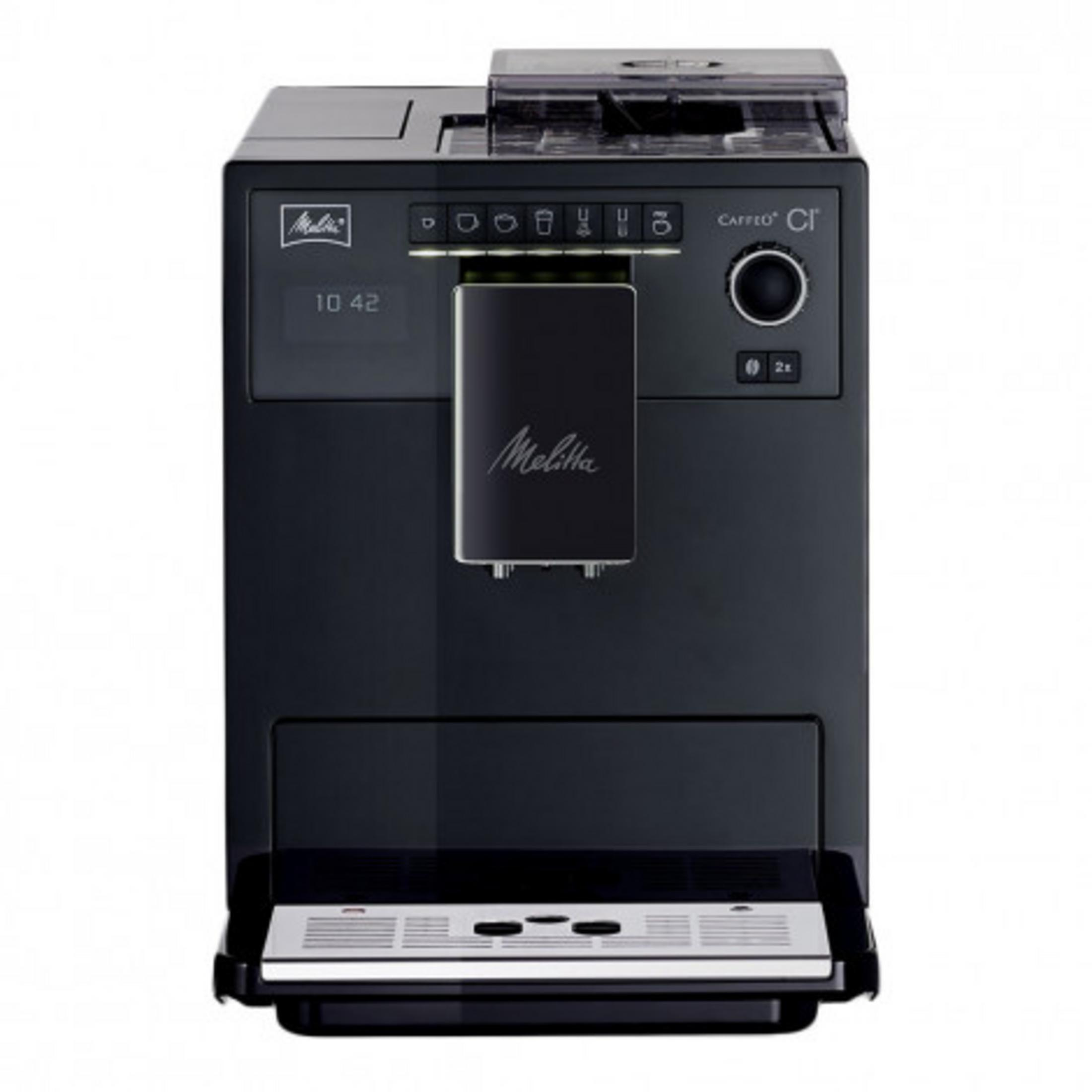 Eine schwarze Melitta Caffeo CI Kaffeemaschine mit silberner Tropfschale.