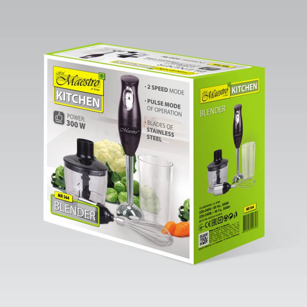 Opakowanie blendera kuchennego Maestro z blenderem ręcznym, siekaczem, szklanką i trzepaczką.