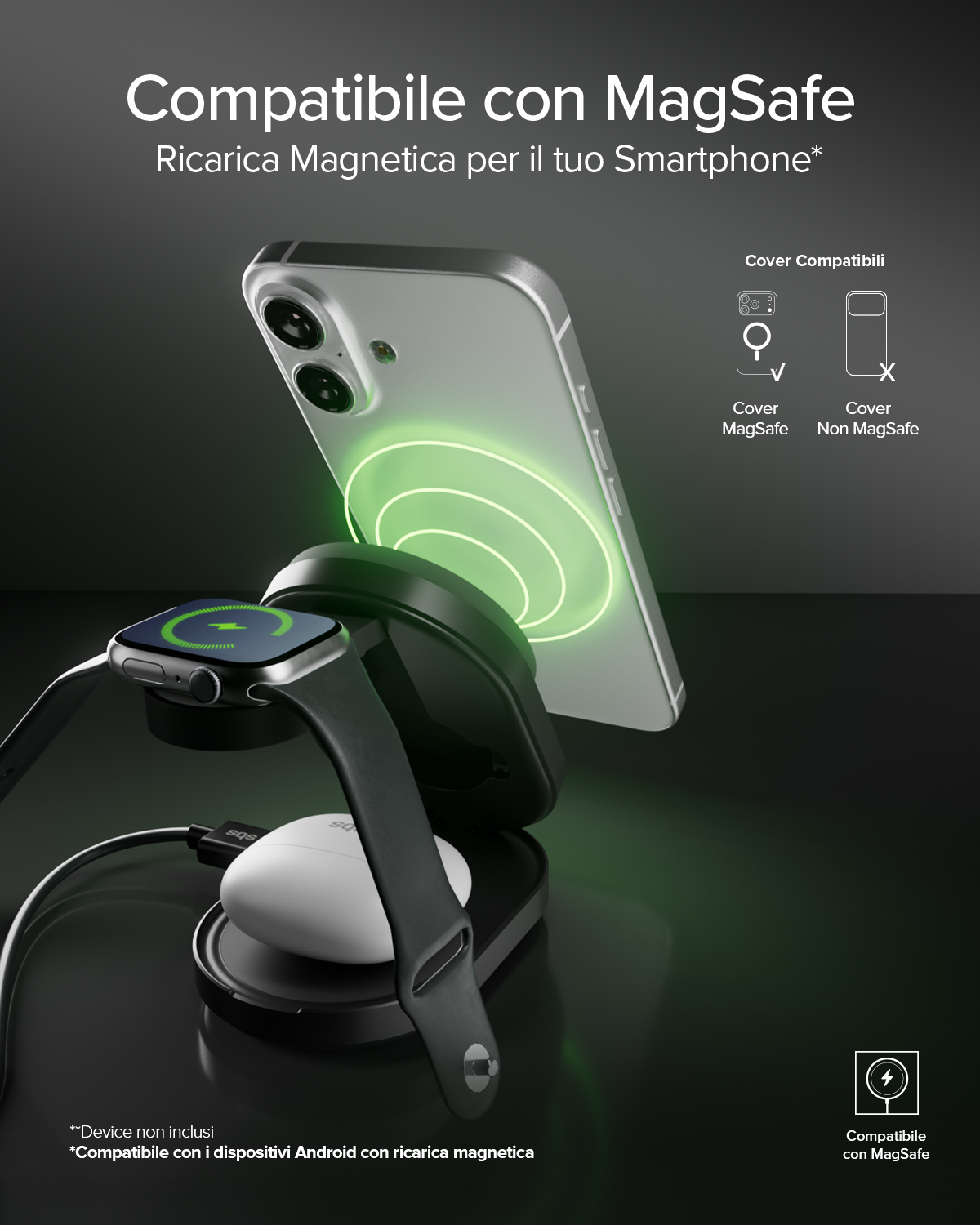 Estación de carga para smartphone, smartwatch y auriculares con compatibilidad MagSafe.