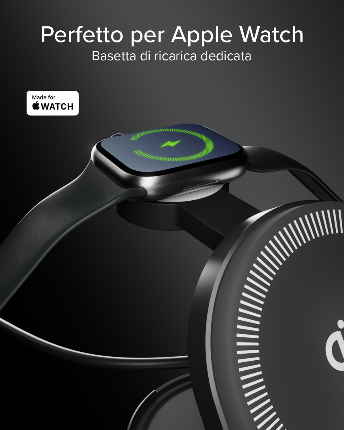 Apple Watch cargando en soporte, icono de carga verde en pantalla.