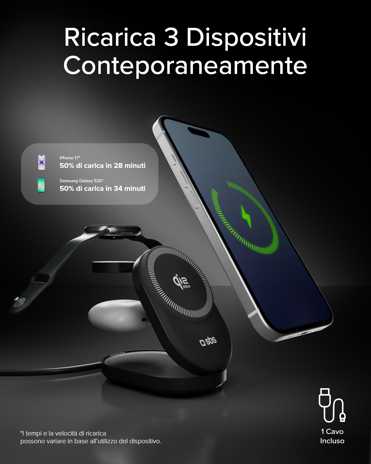 Un iPhone, un reloj inteligente y una base de carga cargando.