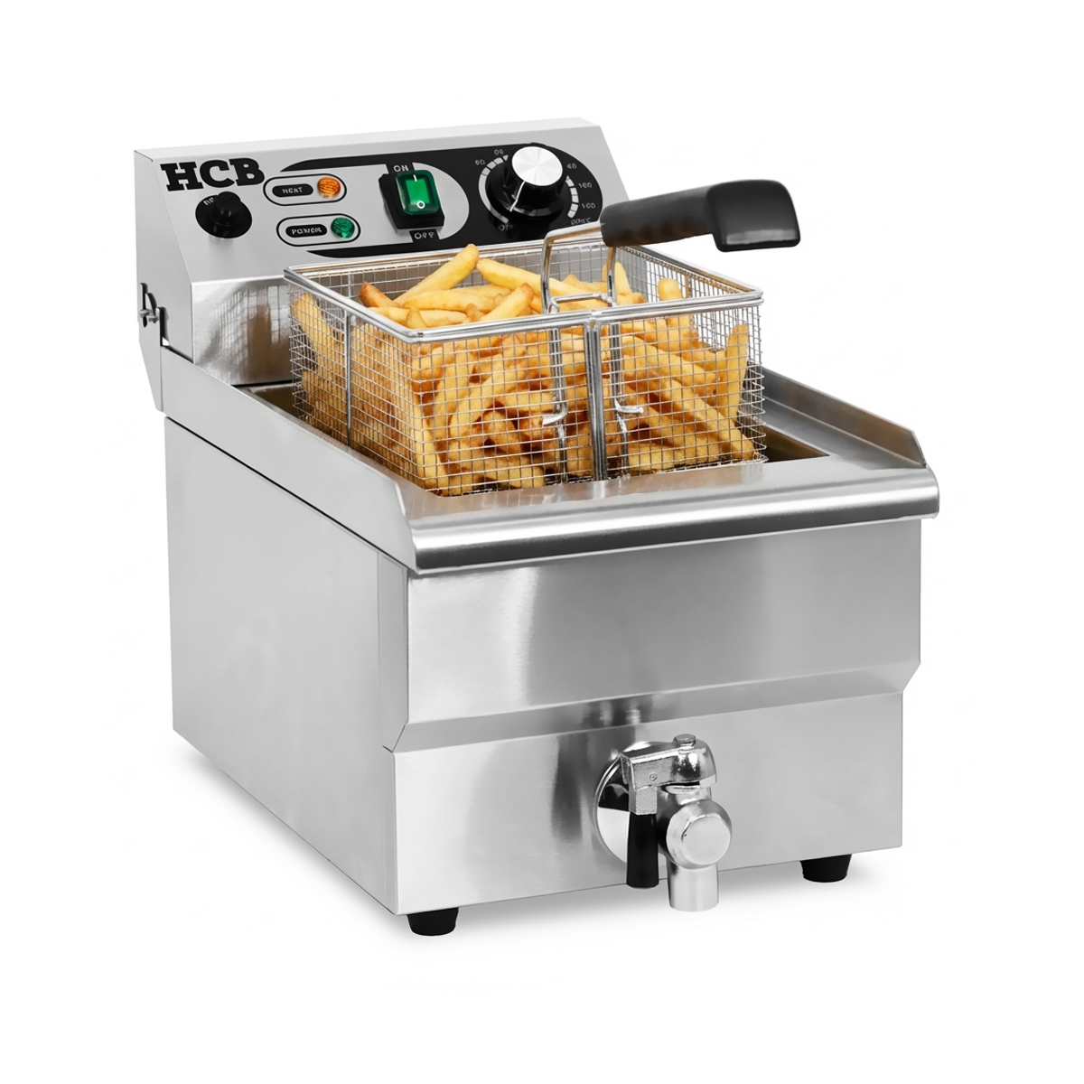 RVS frituurpan met een volle mand goudbruine friet.