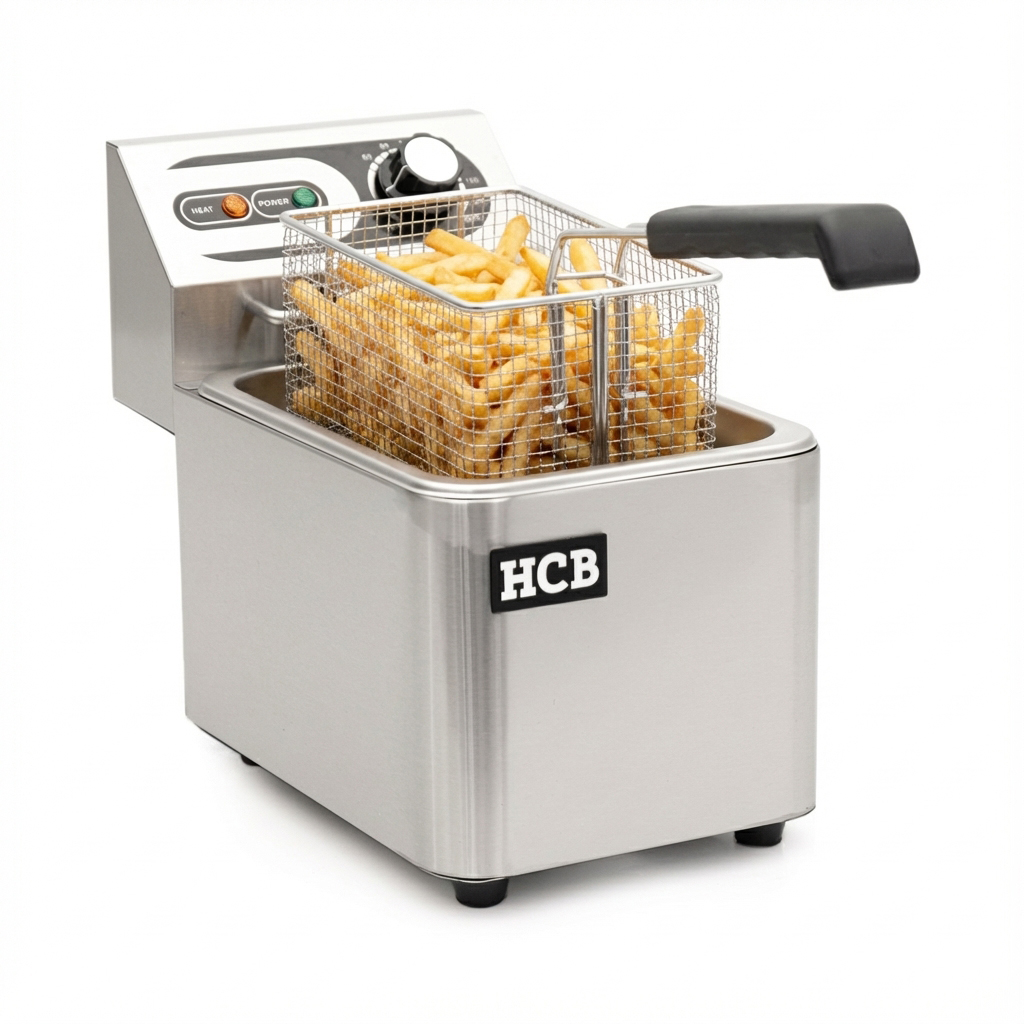 Een zilveren frituurpan met een mand vol goudbruine frietjes.