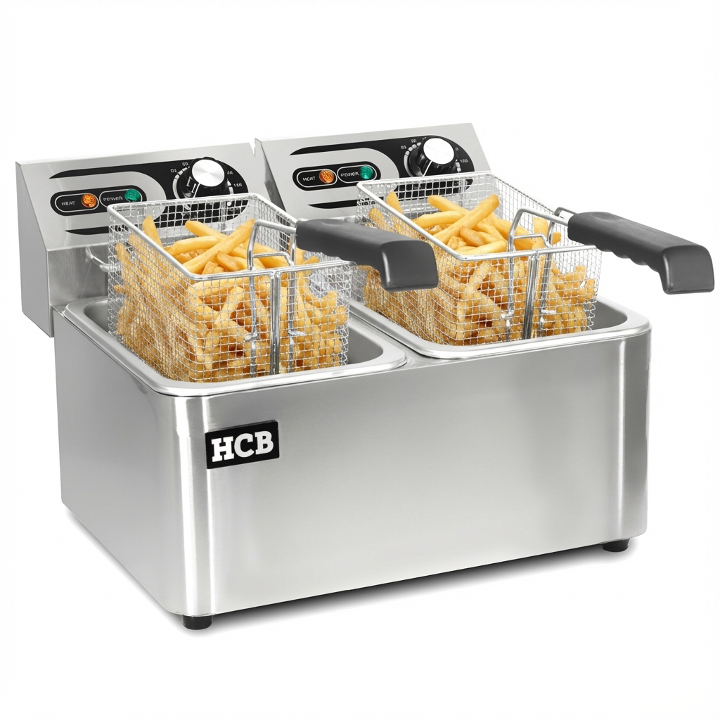 Roestvrijstalen dubbele frituurpan met twee manden vol friet.