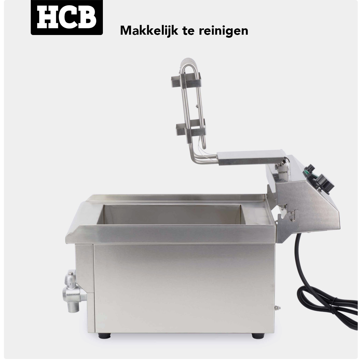 RVS frituurpan met opklapbare deksel en bedieningsknoppen.