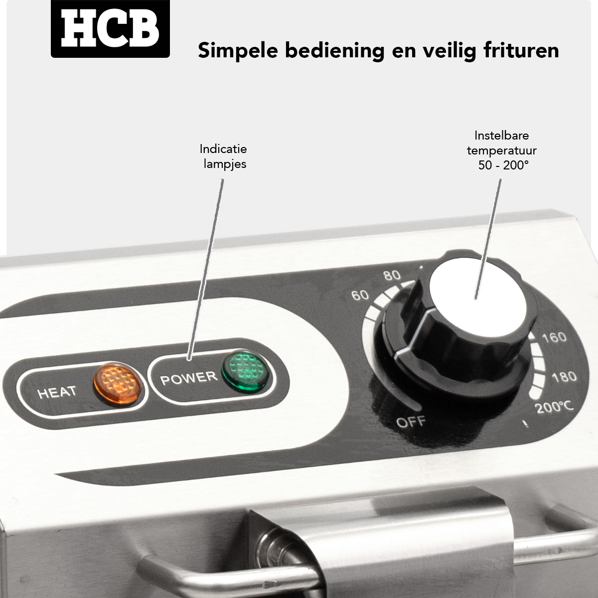 HCB frituur bedieningspaneel met hitte- en powerindicatielampjes en temp-knop.