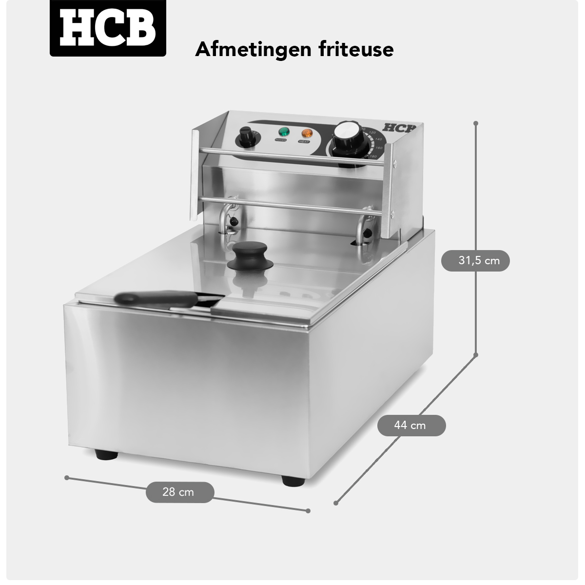 Stainless steel deep fryer with lid, basket, and controls. Dimensions: 28x44x31.5 cm.