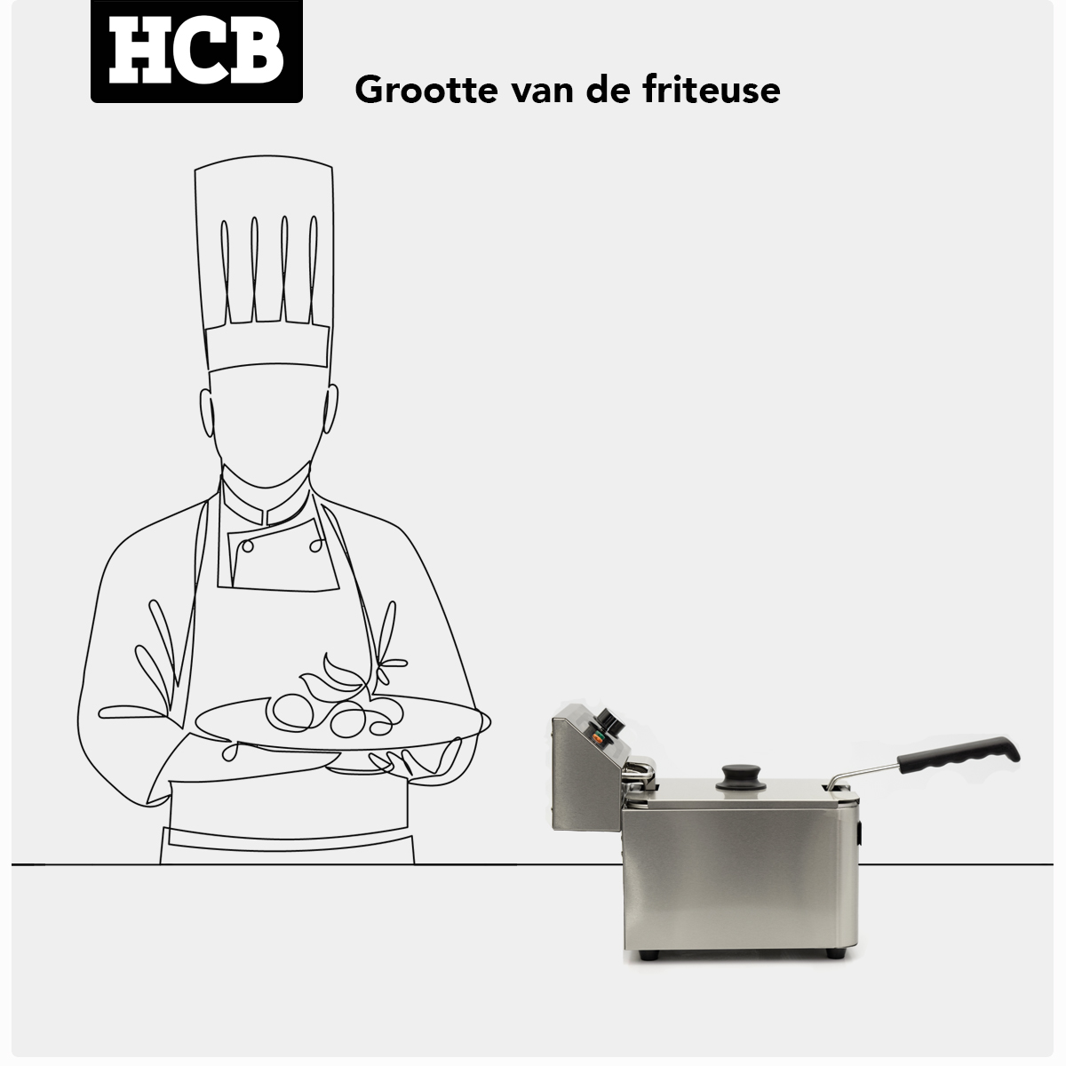Een chef-kok met hoed houdt een bord eten vast. Een frituurpan staat ernaast.