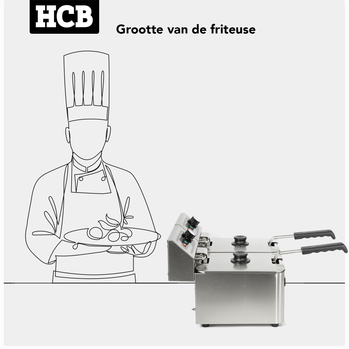 Lijntekening van een chef met eten, naast twee zilveren friteuses.