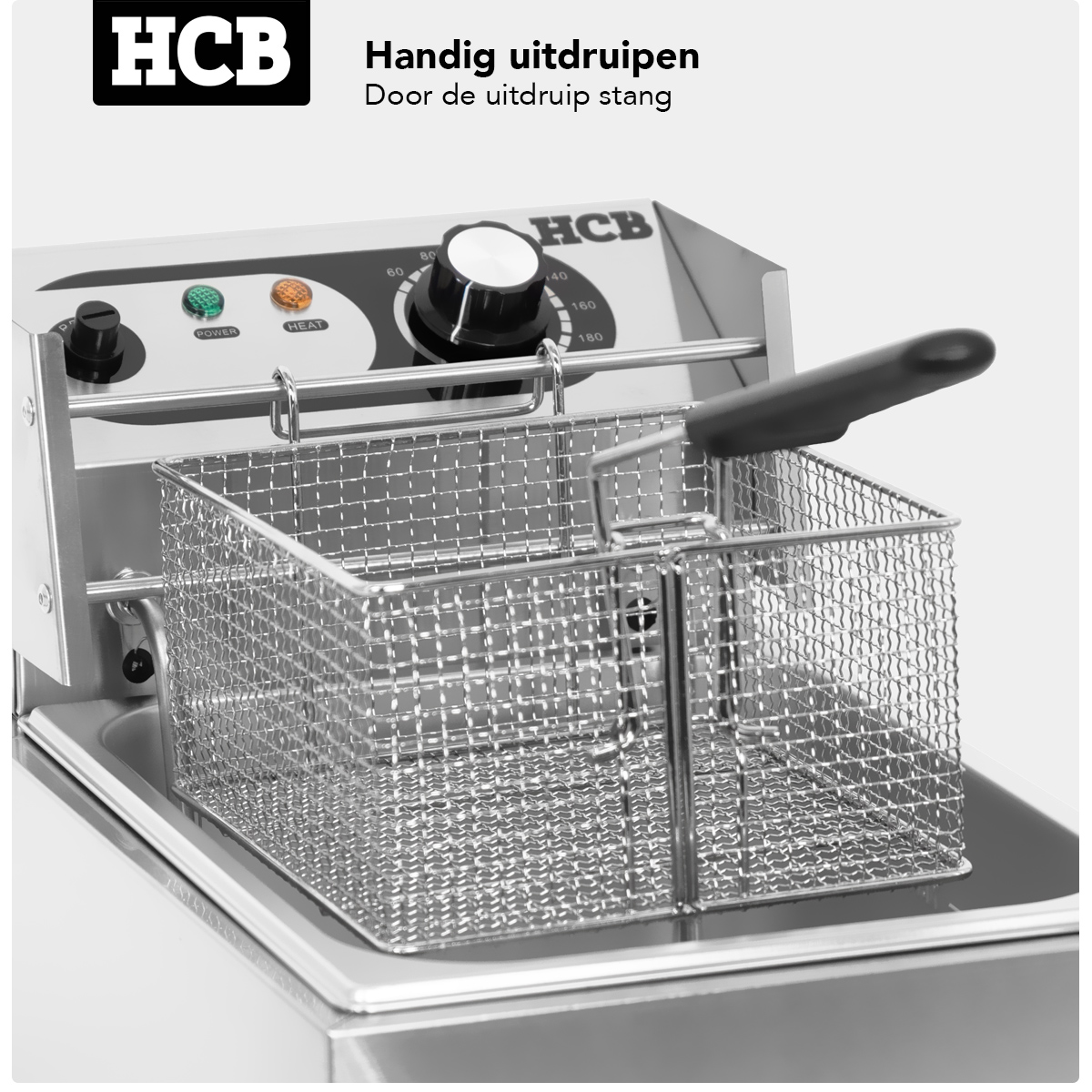 Stainless steel deep fryer with removable basket and temperature control dial.