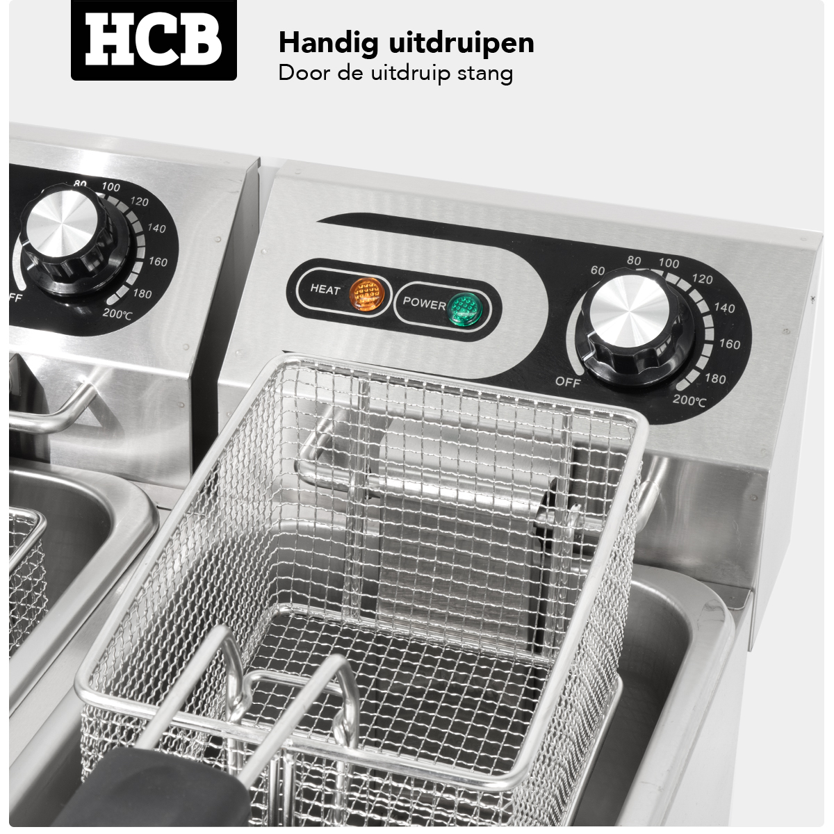 Dubbele frituurpan met roestvrijstalen manden en temperatuurregelaars.
