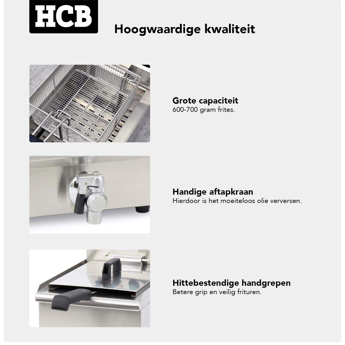 Friteuse met grote mand, kraan en hittebestendige handgrepen.