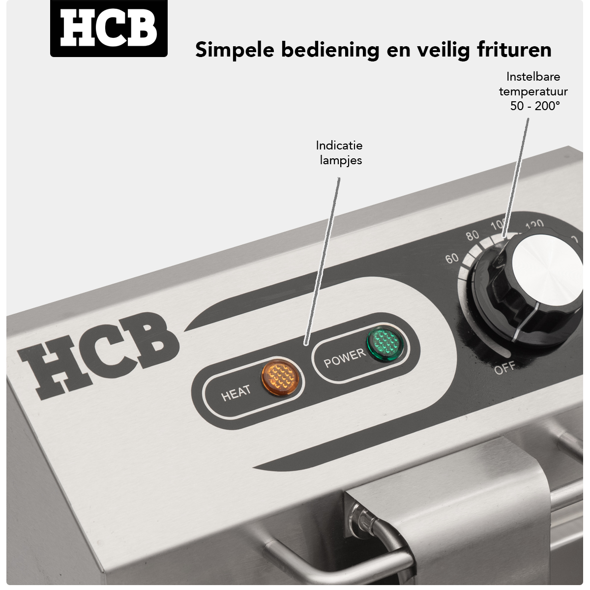 Close-up bedieningspaneel HCB frituur met temperatuurknop en indicatielampjes.