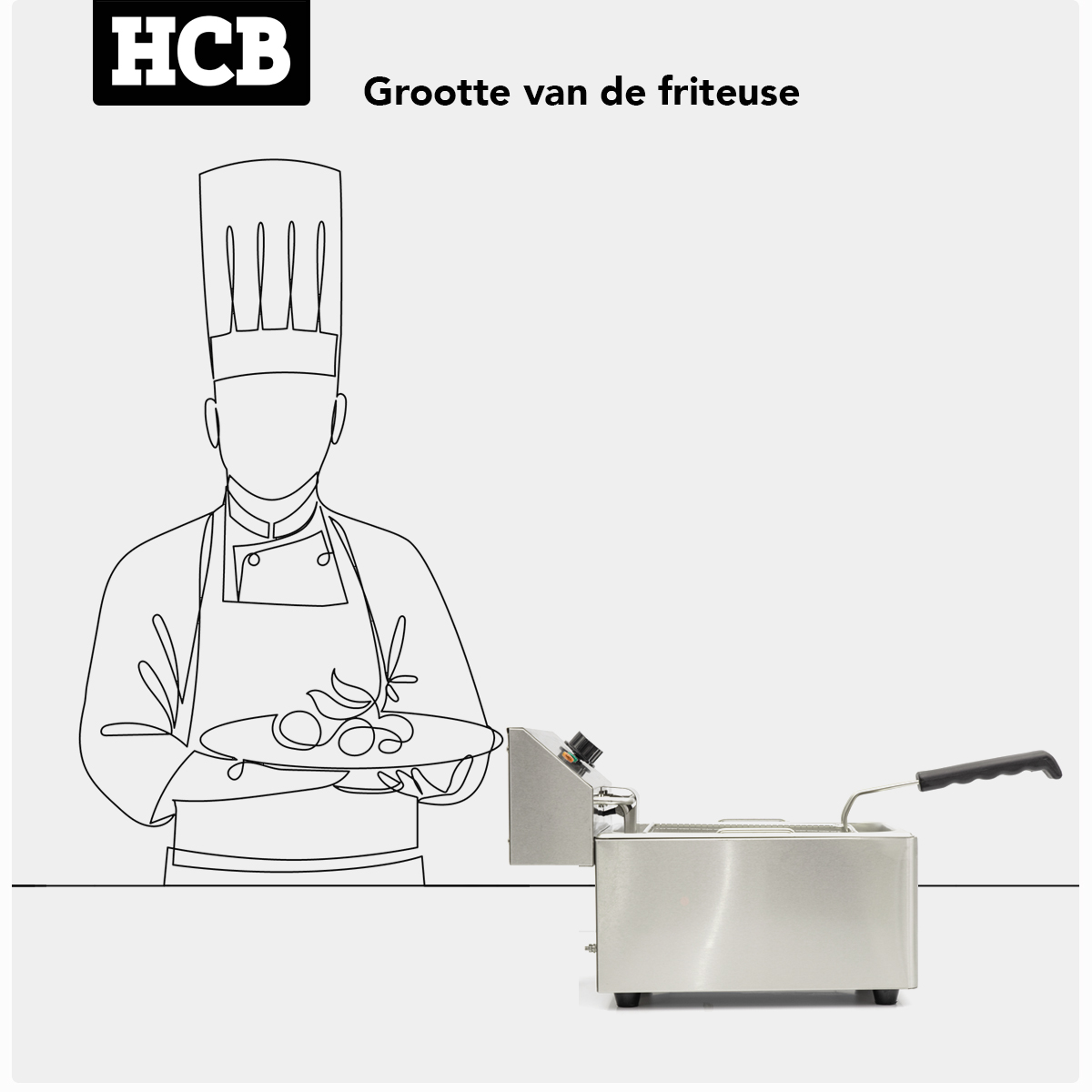 Een chef-kok houdt een bord met eten vast naast een friteuse.