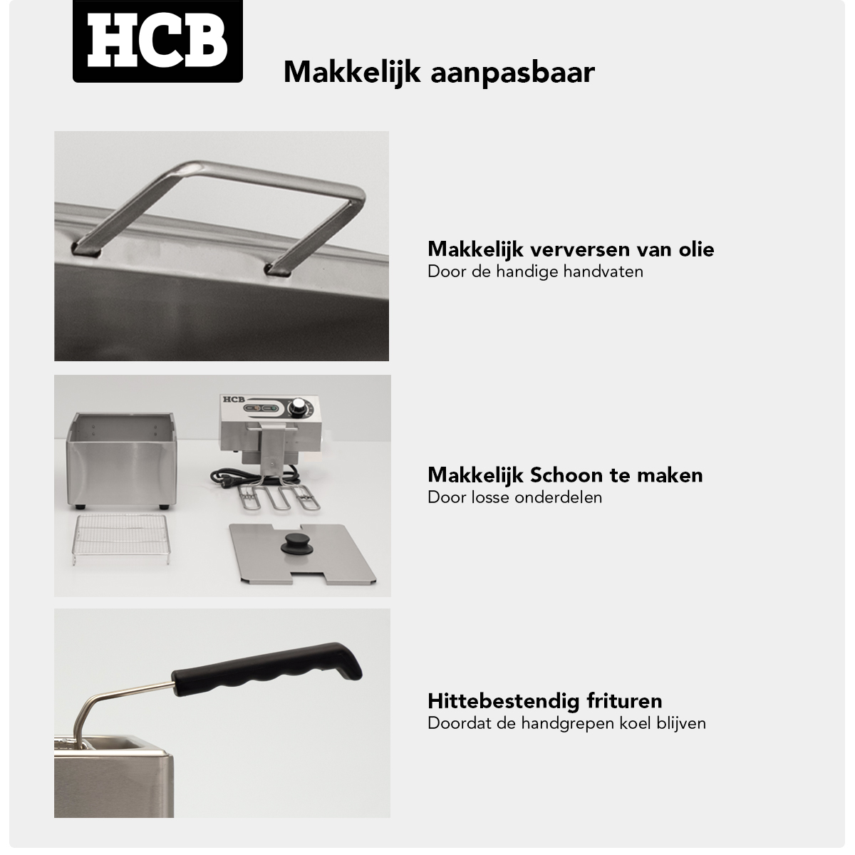 Roestvrijstalen frituurpan met handgrepen, accessoires en hittebestendige greep.