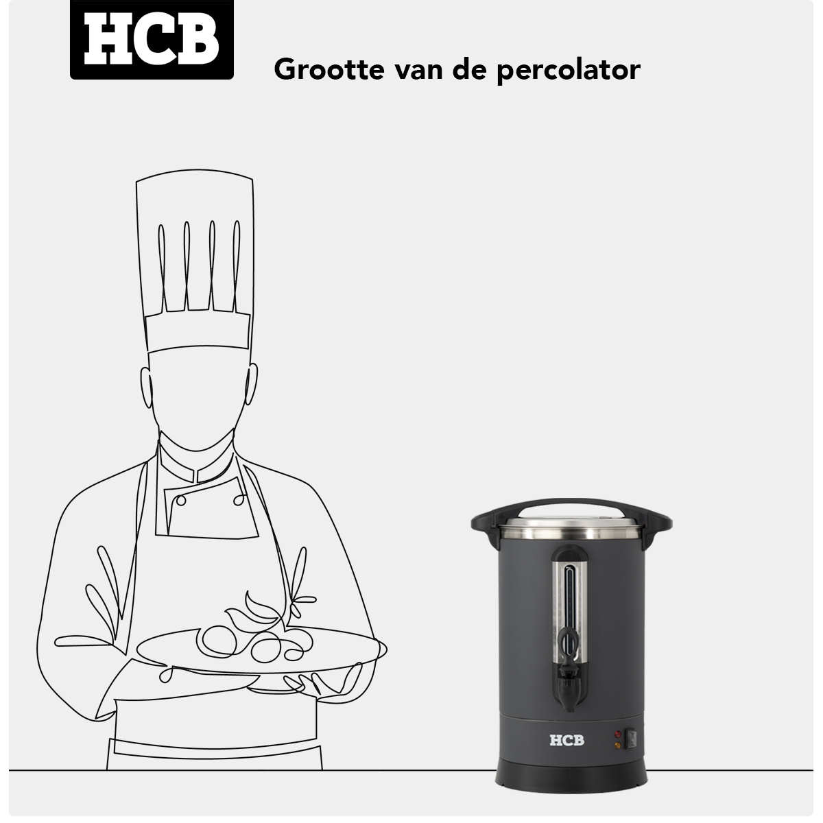 Een gestileerde tekening van een chef met een bord naast een grote zwarte boiler.