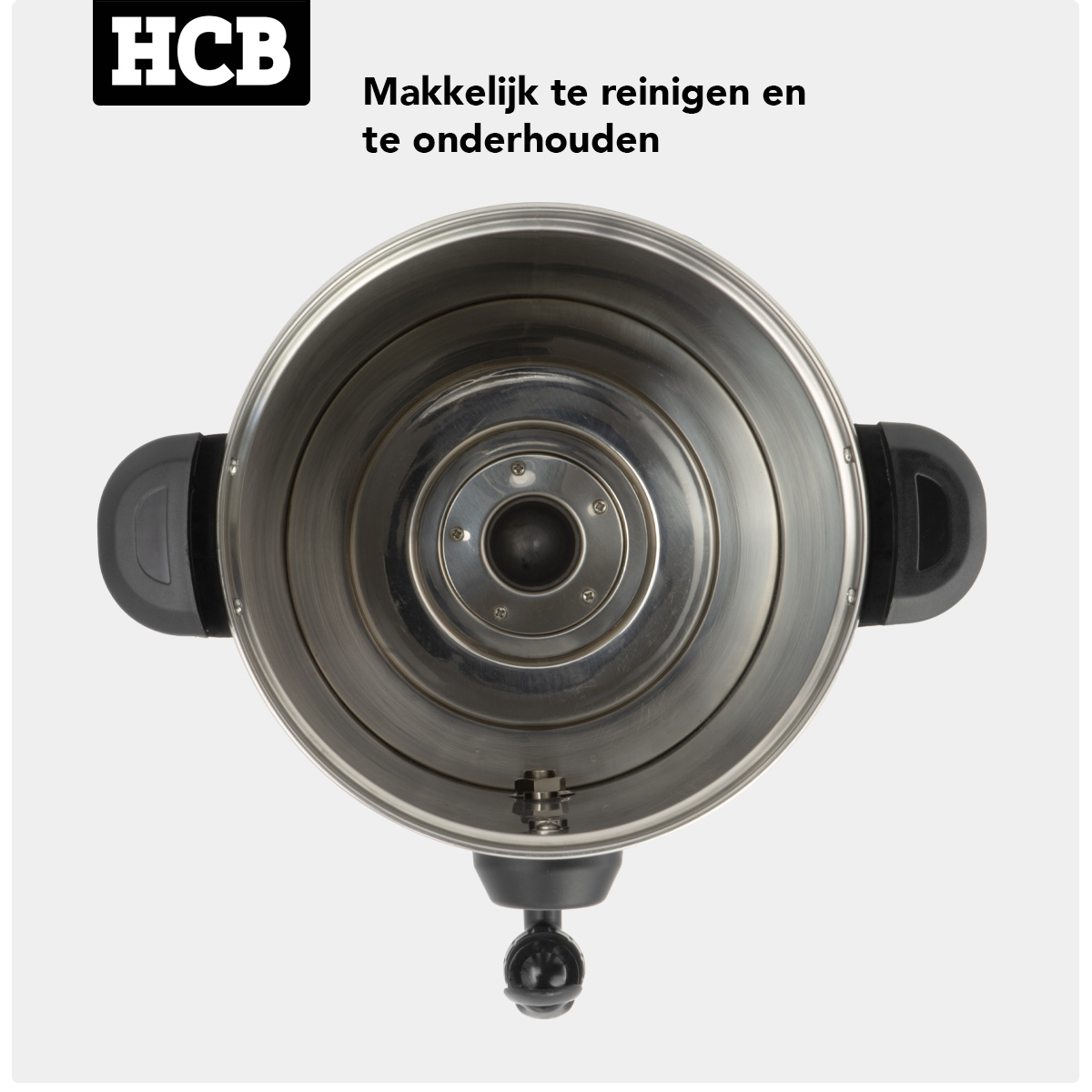 Bovenaanzicht van een zilveren metalen bak met zwarte handvatten en een tuit.