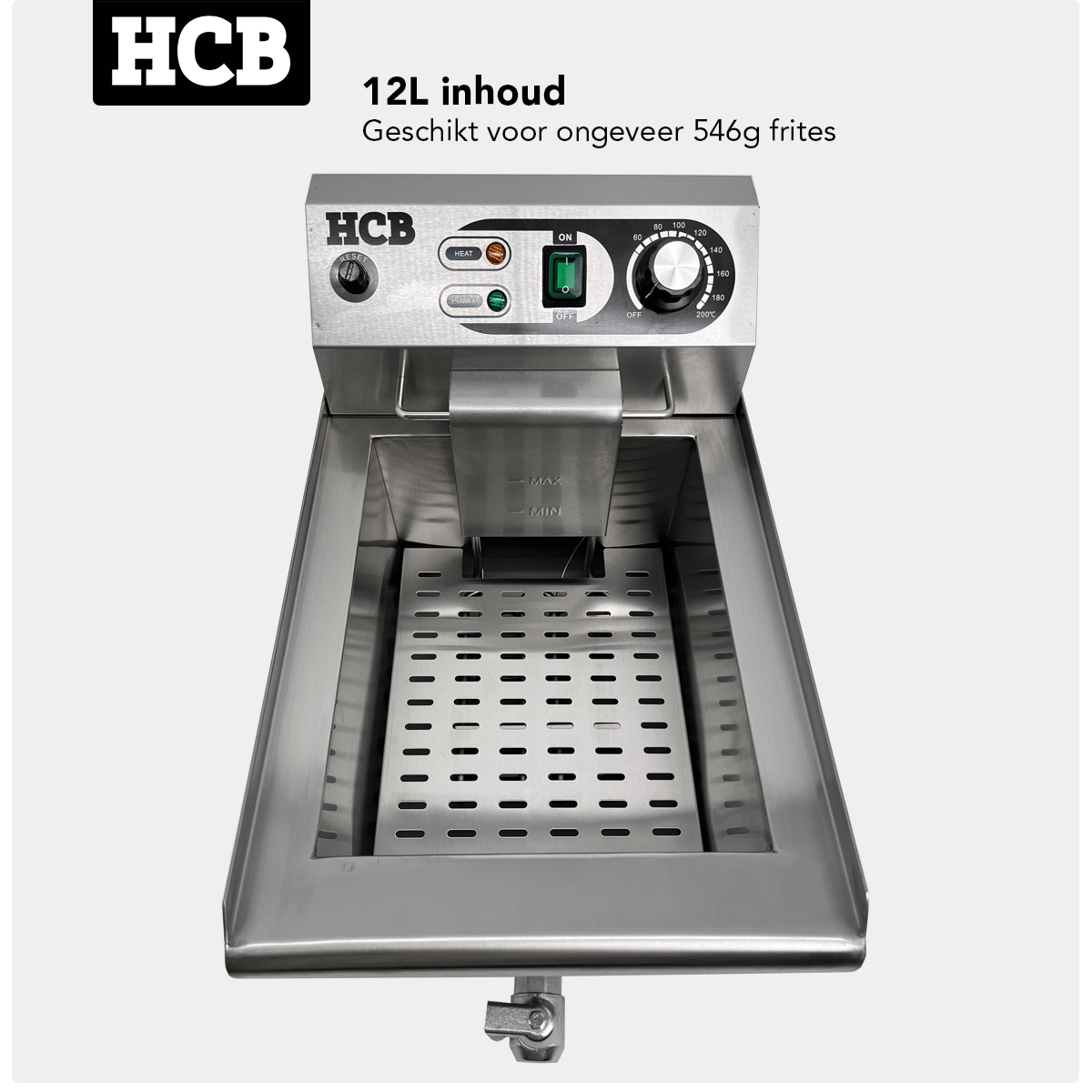 Stainless steel 12L deep fryer with thermostat and removable basket.