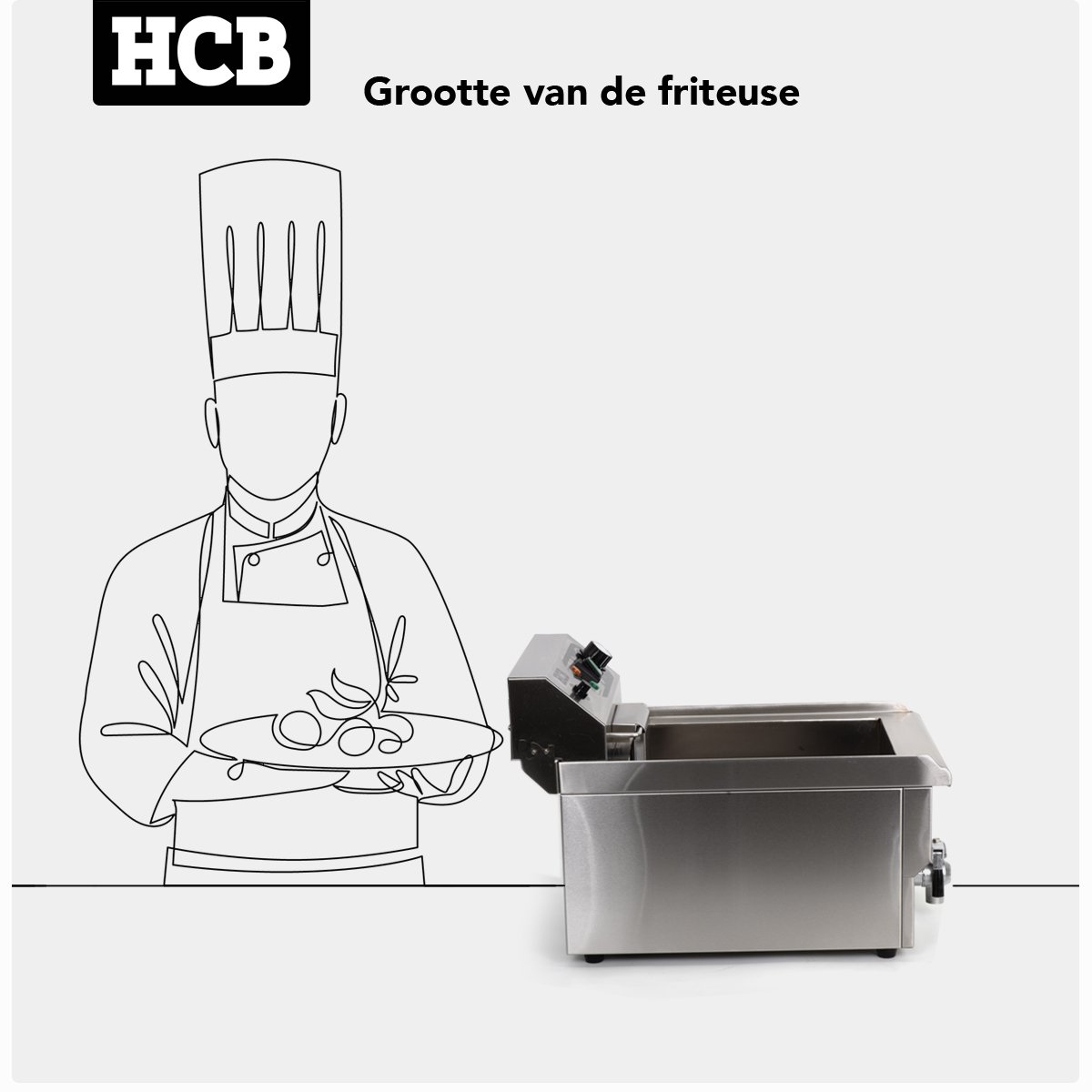 A chef in uniform holds a plate of food next to a deep fryer.