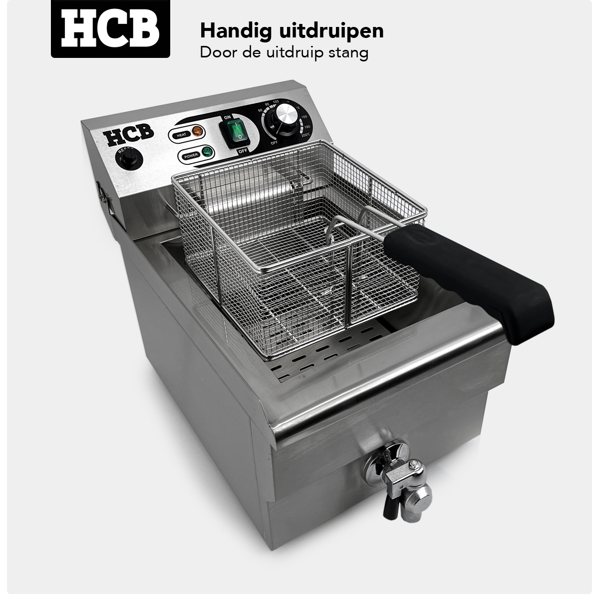 Stainless steel deep fryer with basket and black handle. Control lights and temperature dial.