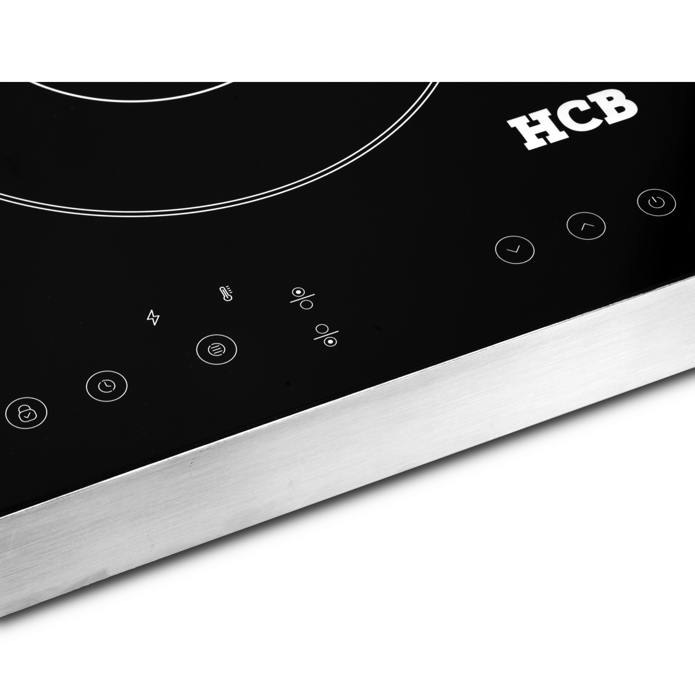 Zwart inductiekookplaatdisplay met HCB-logo en tiptoetsen.
