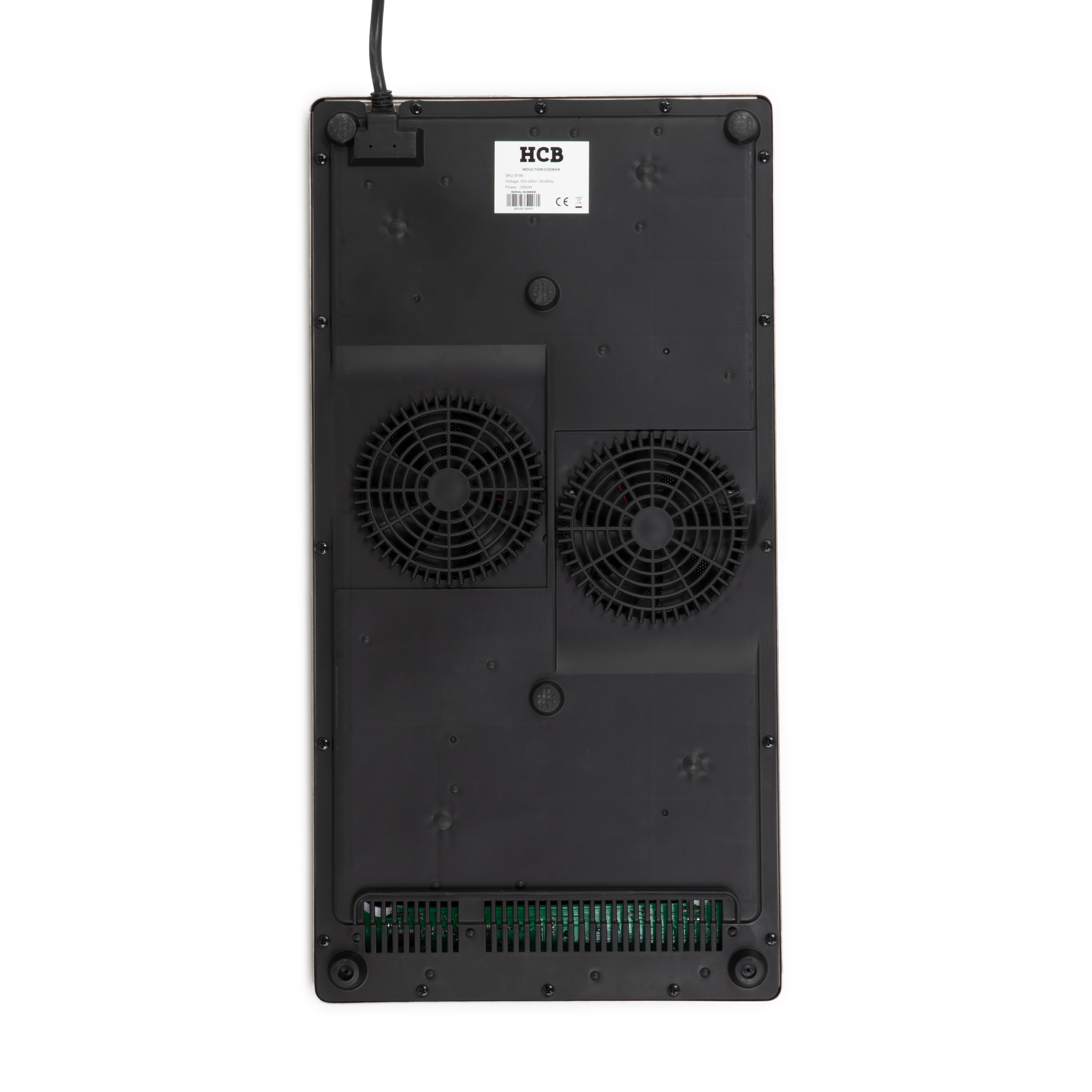 Achterkant van een inductiekookplaat met ventilatoren en label.