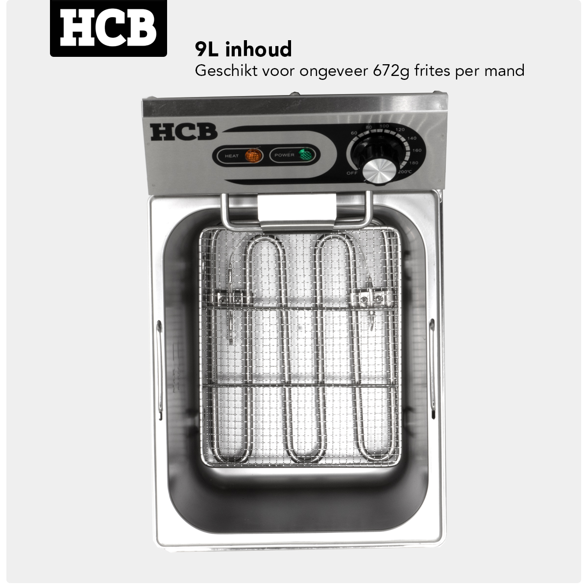 Stainless steel deep fryer with 9L capacity, temperature control, and basket.