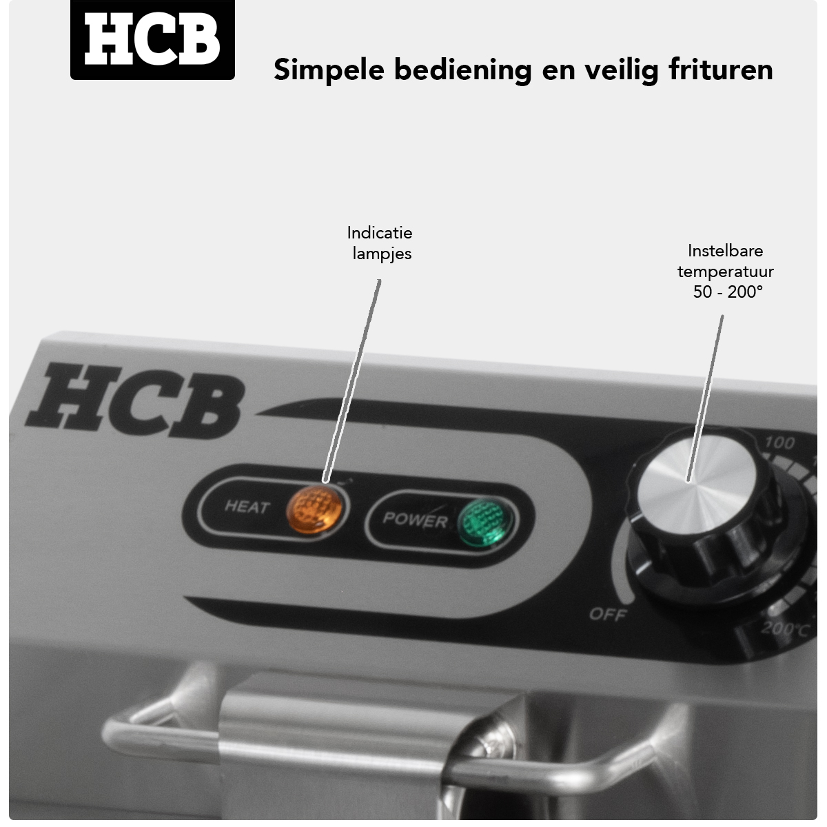 HCB fryer with 'HEAT' and 'POWER' indicator lights and temperature dial.