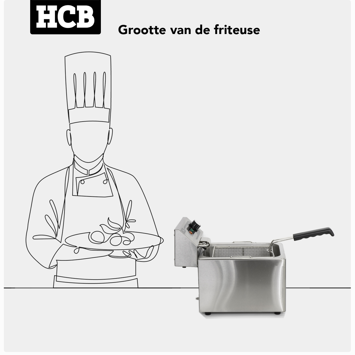 A chef with a hat holds a plate of food next to a deep fryer.