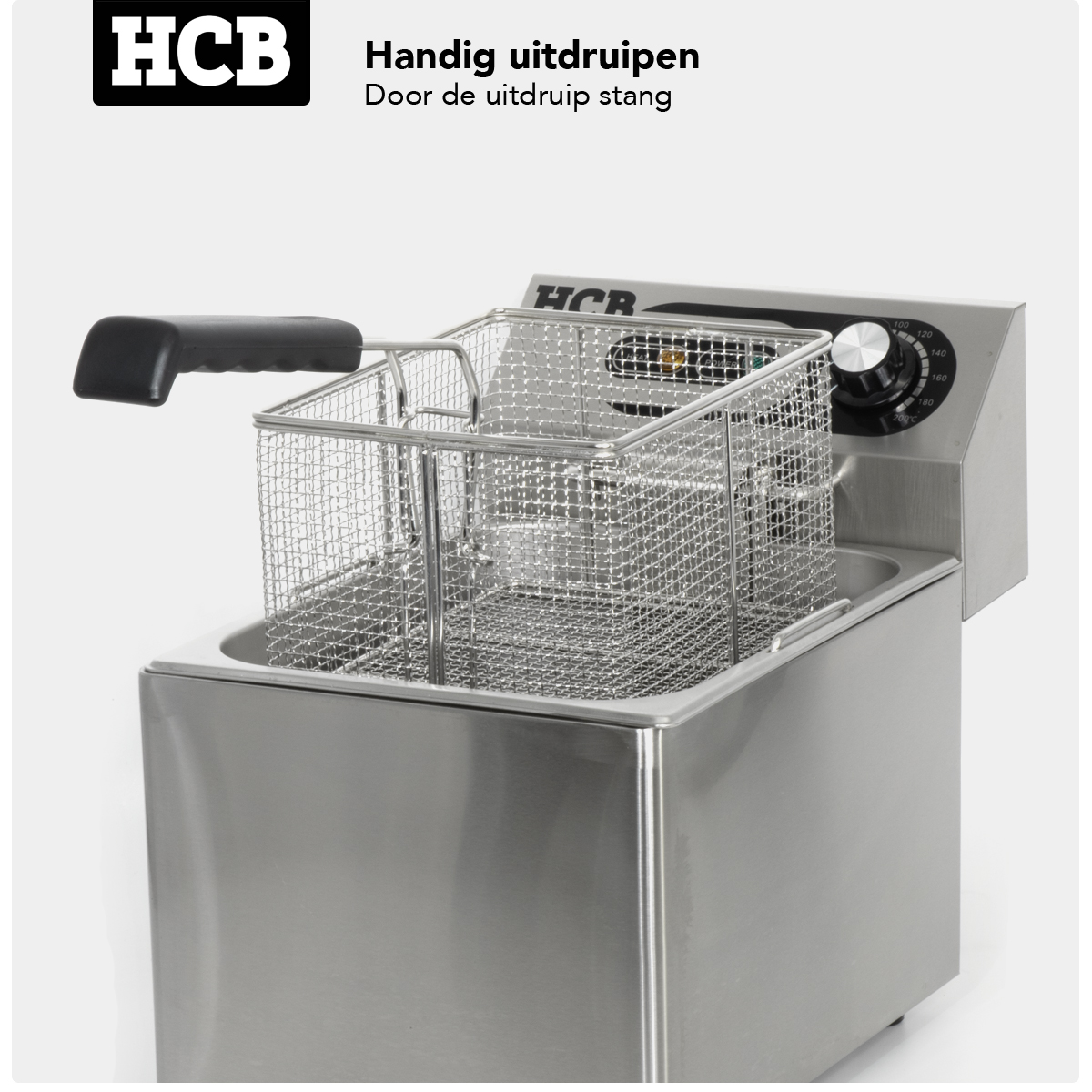 Stainless steel deep fryer with wire basket, black handle, and temperature dial.