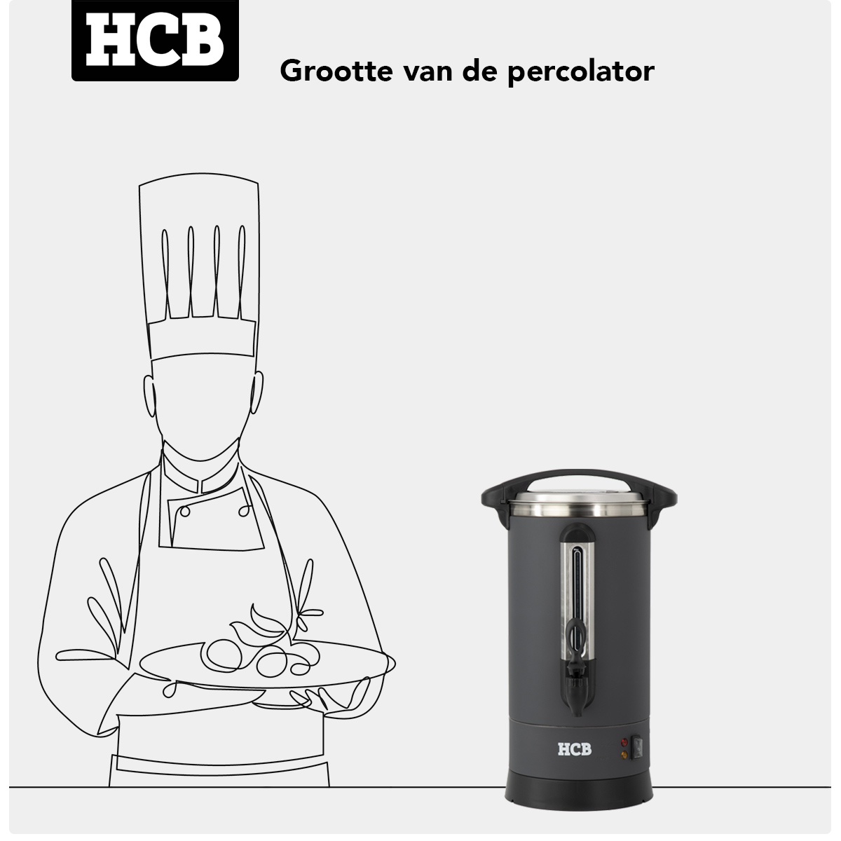 Een chef-kok met toque en een gerecht, naast een grijze percolator.