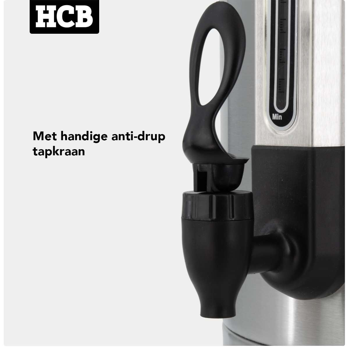 Zilveren boiler met zwarte anti-druppeltap en HCB-logo.