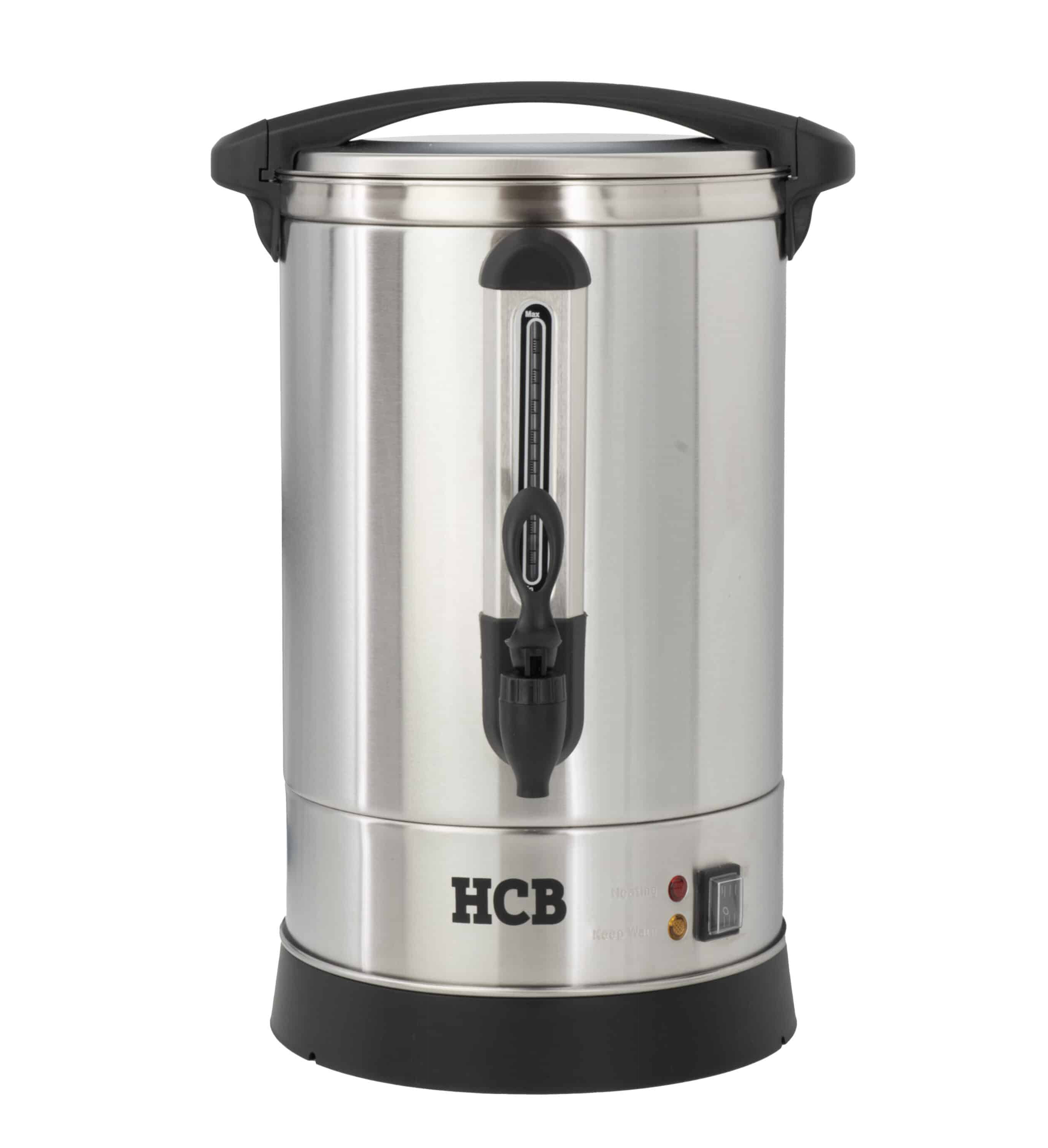 RVS waterkoker met kraan, waterniveau-indicator en handvat.