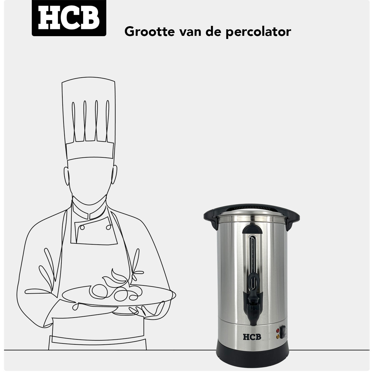 Een chef met een hoge hoed houdt een bord eten vast naast een zilveren percolator.