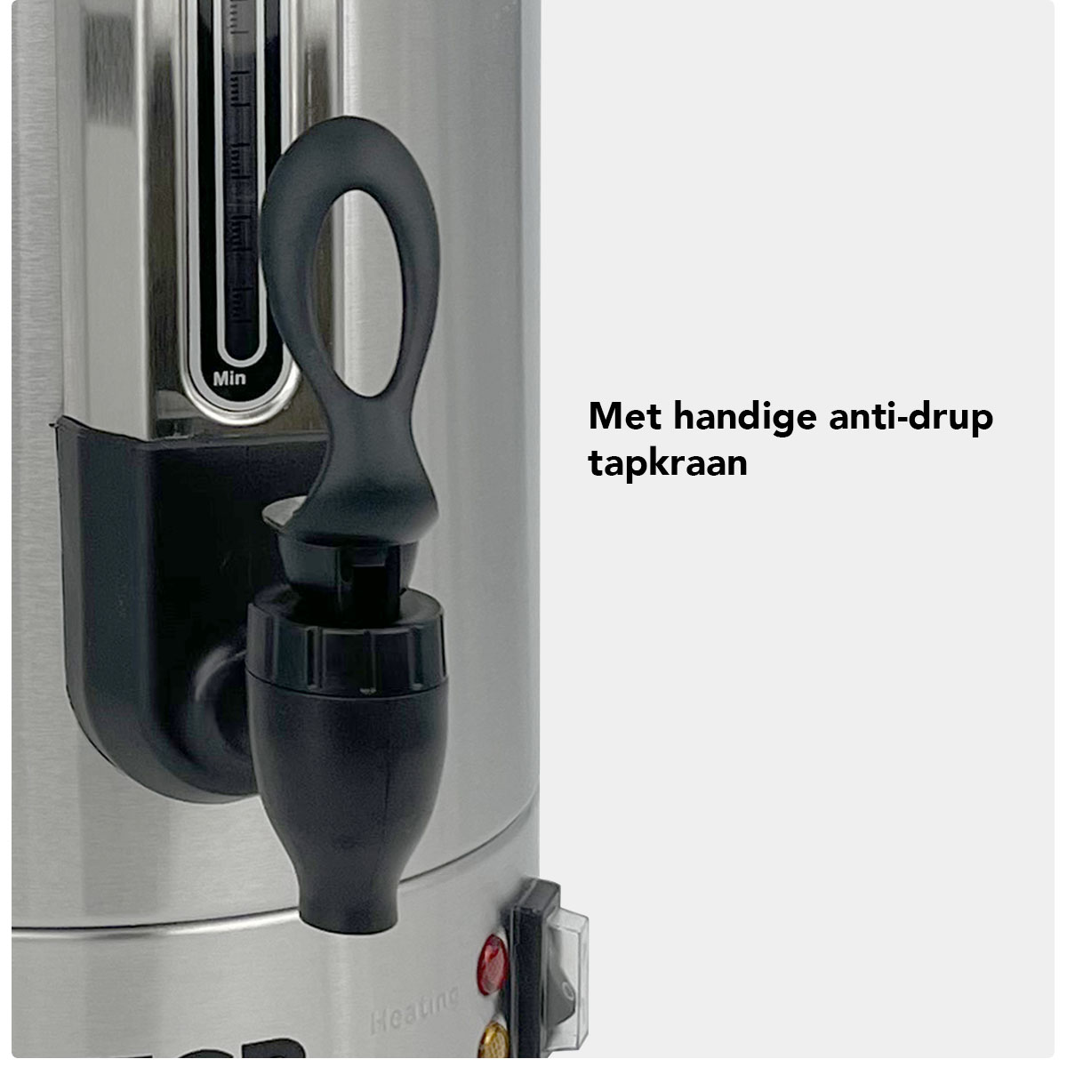 RVS dispenser met anti-druppelkraan en peilindicator.